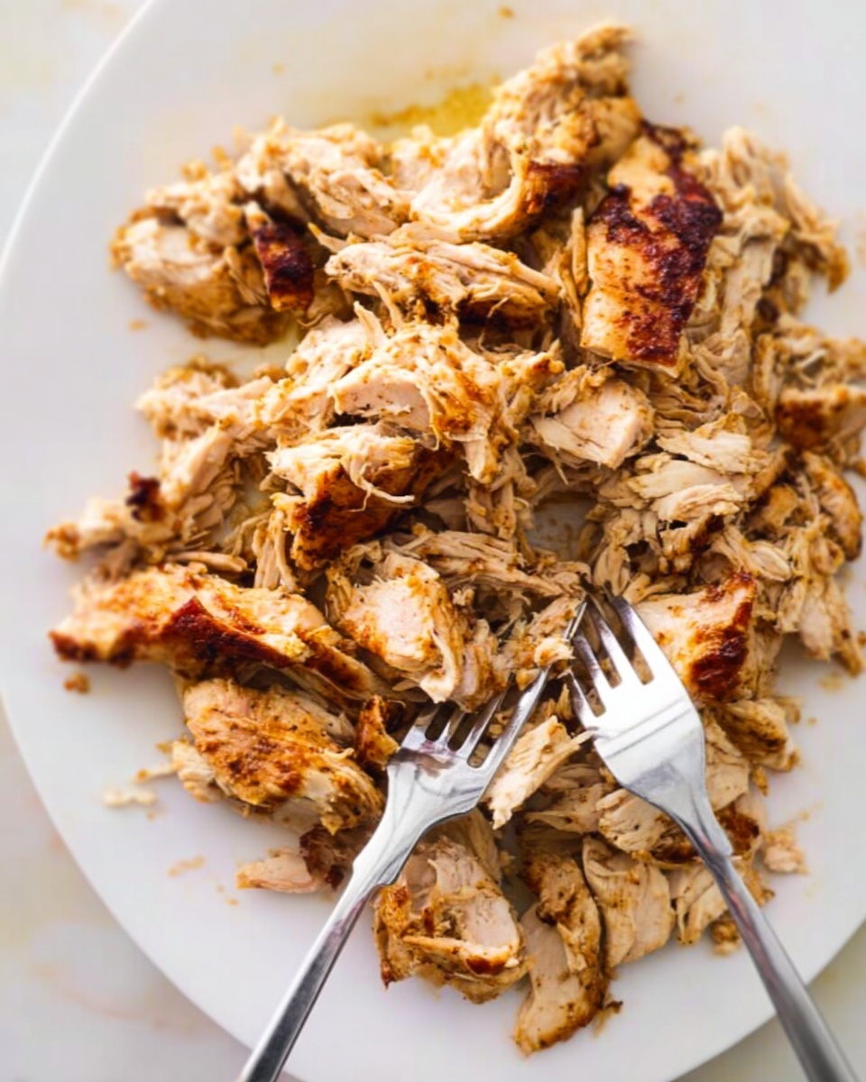 The image shows a white plate filled with shredded cooked chicken, mostly light brown and golden in color with some darker roasted parts. The chicken is spread unevenly, with chunks and smaller shredded pieces throughout, showing a mix of soft and slightly crispy textures. Two silver forks are digging into the chicken, one at the bottom pointing towards the center and another near the top angled sideways. The plate rests on a white marbled surface, and the lighting highlights the moistness and slight crispiness of the chicken skin. photo taken with an iphone --ar 4:5 --v 7