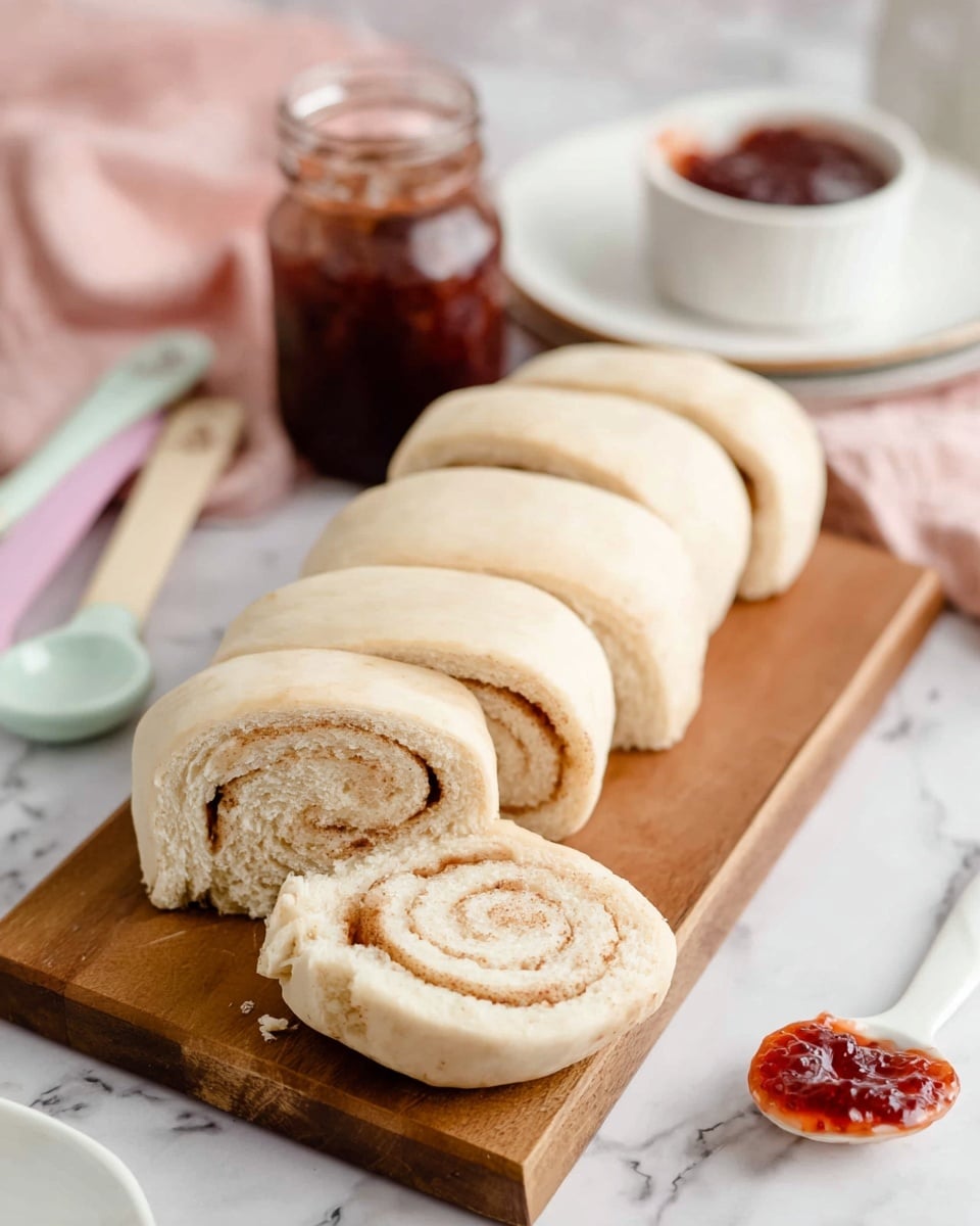 The image shows a row of six thick, soft rolls with a light beige color and a spiral pattern inside, arranged on a wooden cutting board. One roll is slightly pulled away, showing the swirl filled with a cinnamon-colored layer. To the left side of the board, there are three pastel-colored measuring spoons and a small white container. Behind the rolls, a clear glass jar filled with a dark red jam sits on a white plate, with a small smear of jam on the plate. On the right side, a white spoon with jam and a steel spoon rest. The whole scene is set on a white marbled surface with a soft pink cloth in the background. Photo taken with an iphone --ar 4:5 --v 7