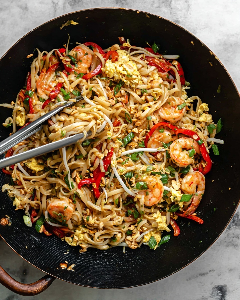 A black wok filled with a stir-fried noodle dish, showing two metal tongs lifting some noodles and ingredients. The noodles are mostly light beige, mixed with bright red strips of bell pepper, cooked shrimp with orange-pink shell on one side, and bean sprouts that are white with green tips. There are scattered pieces of scrambled egg with a yellow color, small green chopped onion slices, and sprinkled chopped green herbs all over. Some crushed peanuts add texture, and the wok sits on a white marbled surface. photo taken with an iphone --ar 4:5 --v 7