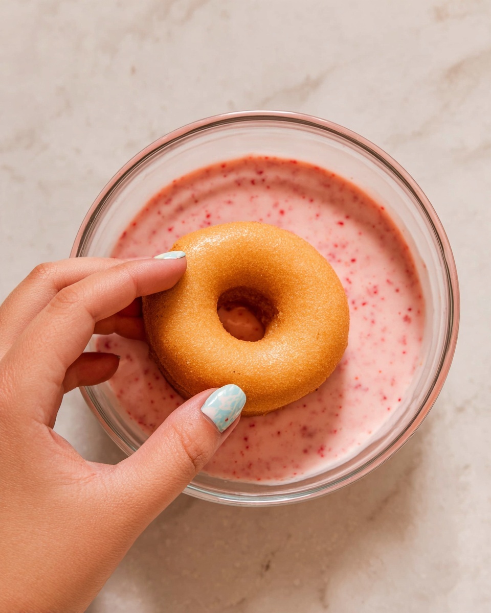 A woman's hand is holding a golden brown donut with a smooth texture, dipping it into a clear round bowl filled with pink creamy sauce that has small red specks throughout. The scene is set on a white marbled surface, showing the contrast between the light background, the warm color of the donut, and the soft pastel color of the sauce. The woman's fingernails have a light blue and white nail polish design. Photo taken with an iphone --ar 4:5 --v 7