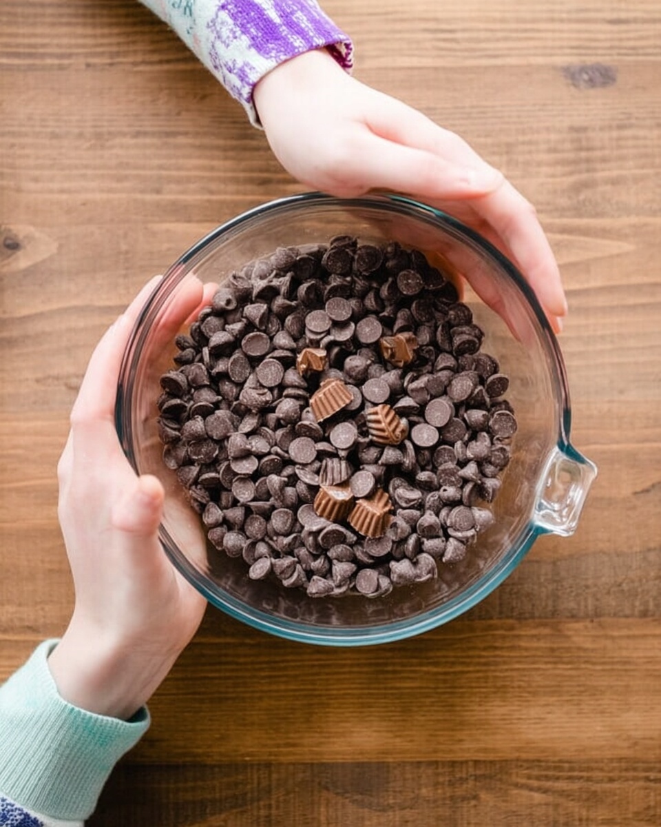 A clear glass bowl filled with small dark brown chocolate chips and a few small peanut butter cup pieces sits in the center. A woman's two hands hold the bowl, one grasping the handle and the other supporting the side. The background is a smooth wooden surface, and the photo is taken from above, focusing on the bowl and hands. photo taken with an iphone --ar 4:5 --v 7