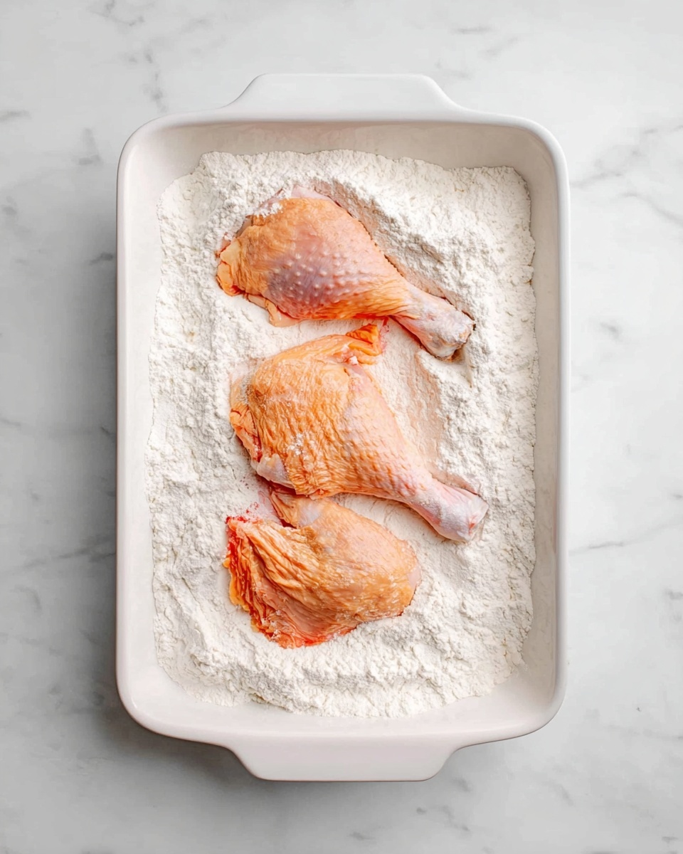 A white rectangular dish holds a layer of white flour covering the bottom. On top of the flour, there are three pieces of raw, orange-tinted chicken: a drumstick at the top, a wing in the middle, and a thigh piece at the bottom, all partially coated with flour. The dish is placed on a white marbled surface. photo taken with an iphone --ar 4:5 --v 7