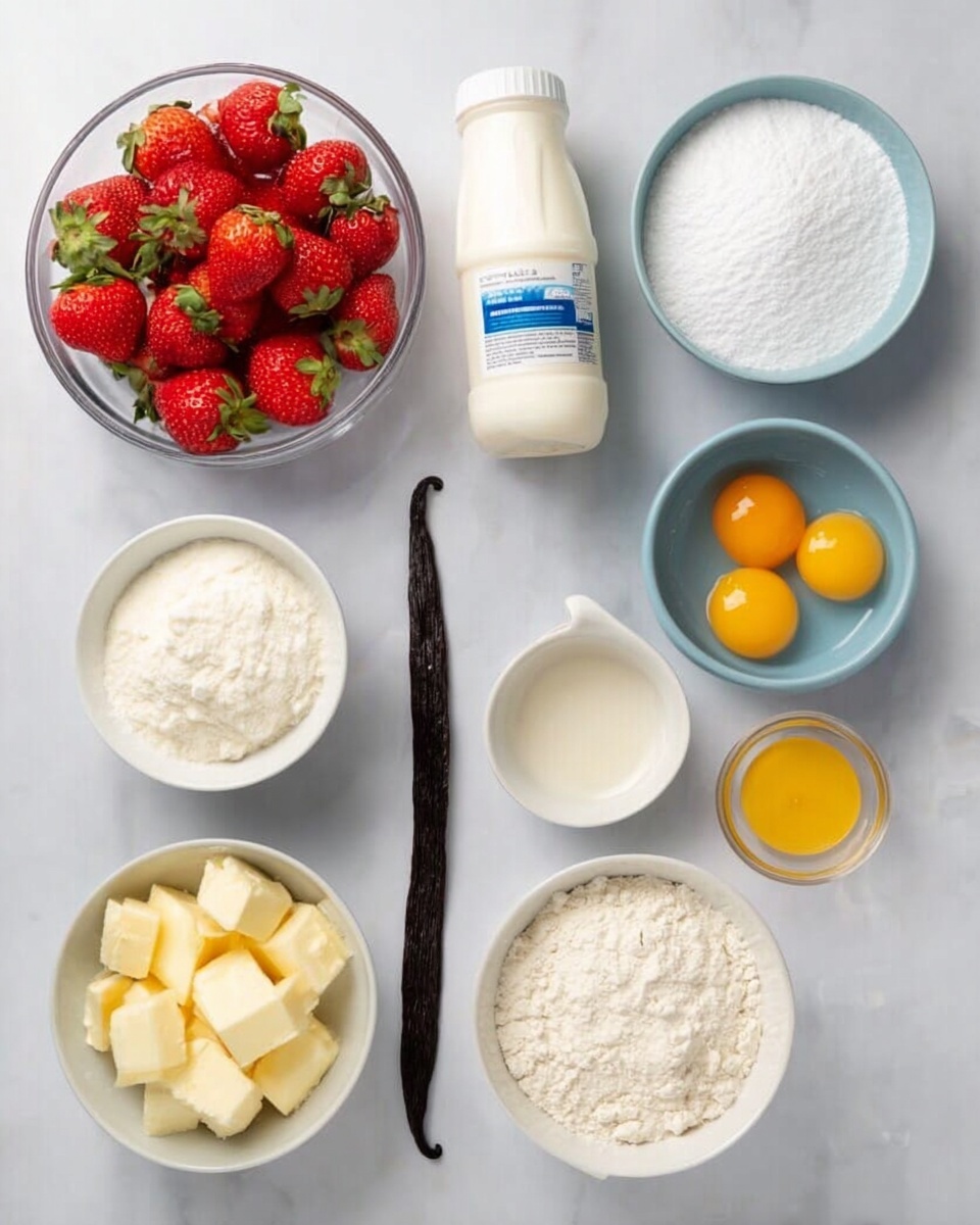 In a white marbled surface, several ingredients are arranged neatly: a clear glass bowl filled with bright red strawberries to the left, a medium-sized white bowl with white sugar above it, a white plastic bottle of thickened cream with a blue label in the center, a long dark brown vanilla bean placed vertically next to it, a light blue bowl filled with white powder (likely flour or sugar) above the vanilla bean, a small white bowl with a liquid (possibly vanilla extract) below the vanilla bean, a clear glass bowl with two raw egg yolks at the bottom right, a white bowl with light yellow butter cubes above the eggs, and a large clear bowl full of white flour on the right side. The setup is orderly and bright, suggesting preparation for baking photo taken with an iphone --ar 4:5 --v 7