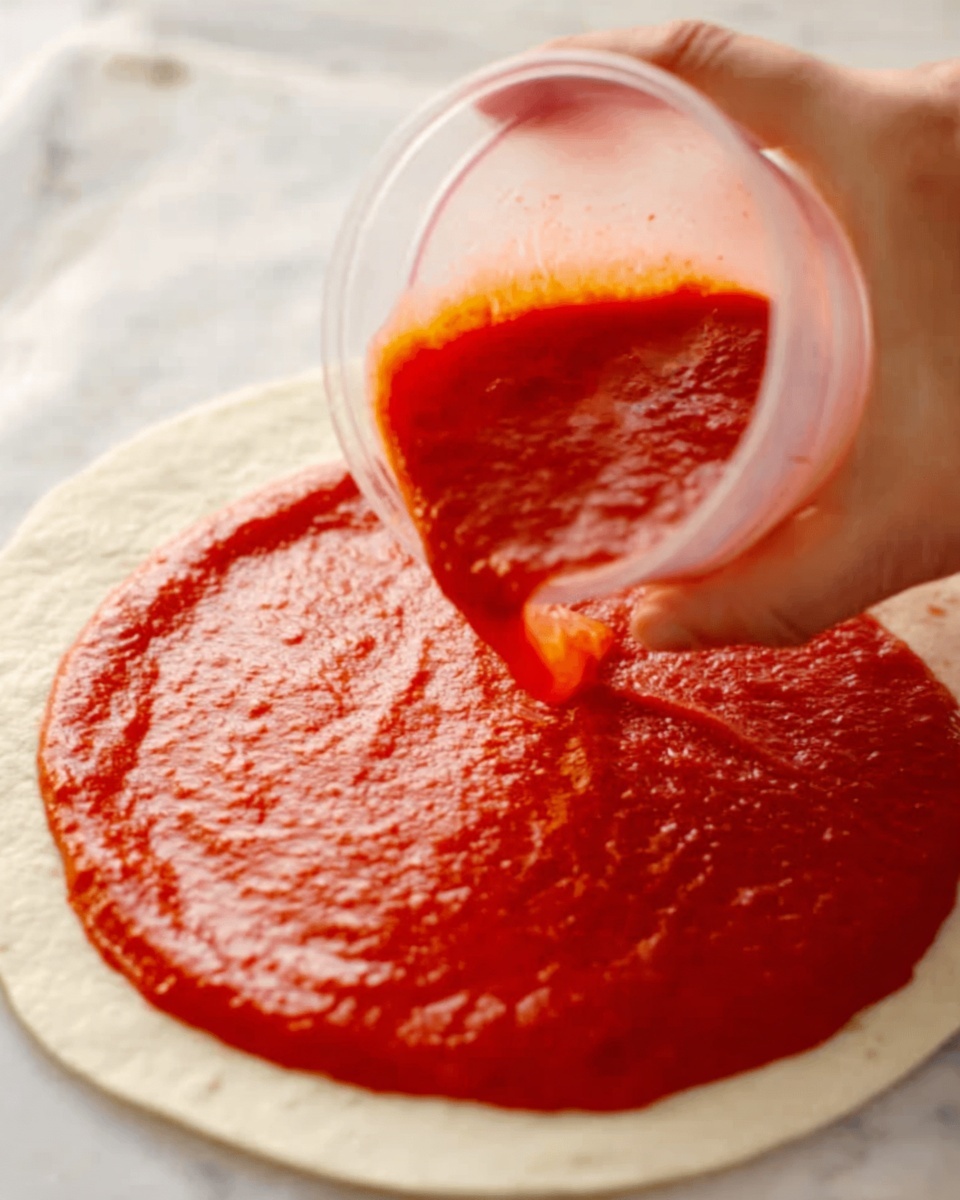 A close-up image shows a white marbled surface with a round tortilla layed flat. On the tortilla, a thick, bright red tomato sauce layer is spread evenly, shiny and smooth in texture. A woman's hand is holding a small clear cup, pouring more sauce onto the tortilla. The sauce contrasts strongly with the light tortilla beneath it, creating a fresh and vibrant look. Photo taken with an iphone --ar 4:5 --v 7