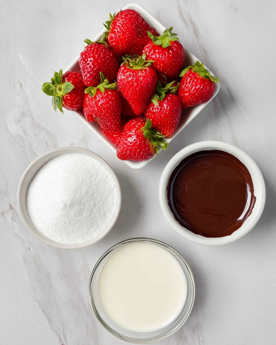 The image shows four separate containers on a white marbled surface. At the top left, there is a white square bowl filled with bright red strawberries, each with green leaves on top. Below it on the left side, there is a white cup filled with white powdery sugar. To the right of the sugar, in the center, there is a small white round bowl holding dark brown chocolate sauce with a shiny surface. At the bottom right side, there is a round glass bowl filled with smooth, creamy white liquid. The setup is neat and the colors are bright and clear. photo taken with an iphone --ar 4:5 --v 7