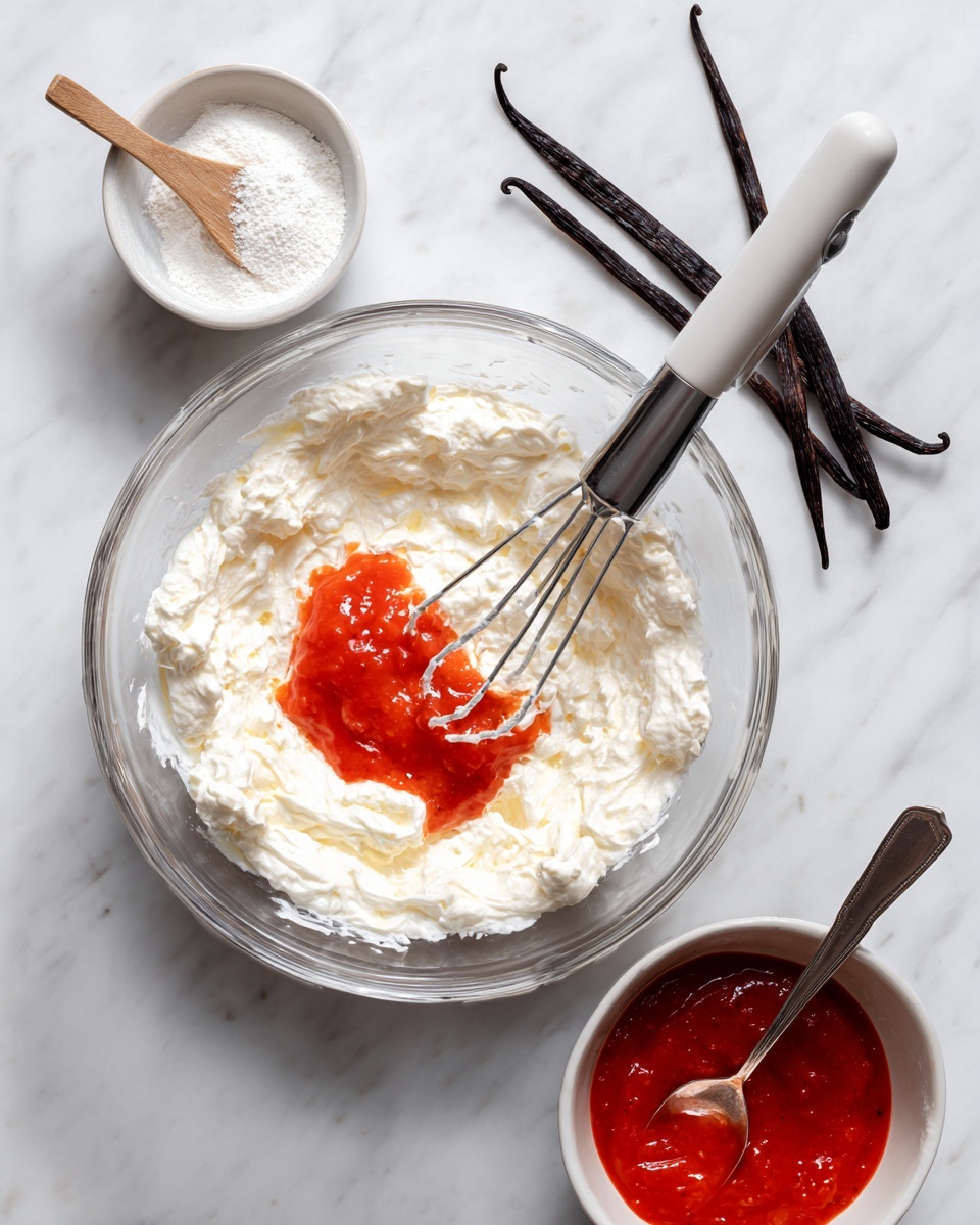 A clear glass bowl contains a thick, white creamy mixture with a bright red sauce dollop on top near the center, a white and gray electric beater with metal beaters is partially inserted into the cream and sauce. To the top left, a small white bowl holds white powder with a small wooden spoon resting inside. Two long, dark brown vanilla beans lie parallel near the top right of the image. At the bottom right, part of a white bowl filled with the same bright red sauce and a silver spoon resting inside is visible. All items sit on a white marbled surface. Photo taken with an iphone --ar 4:5 --v 7