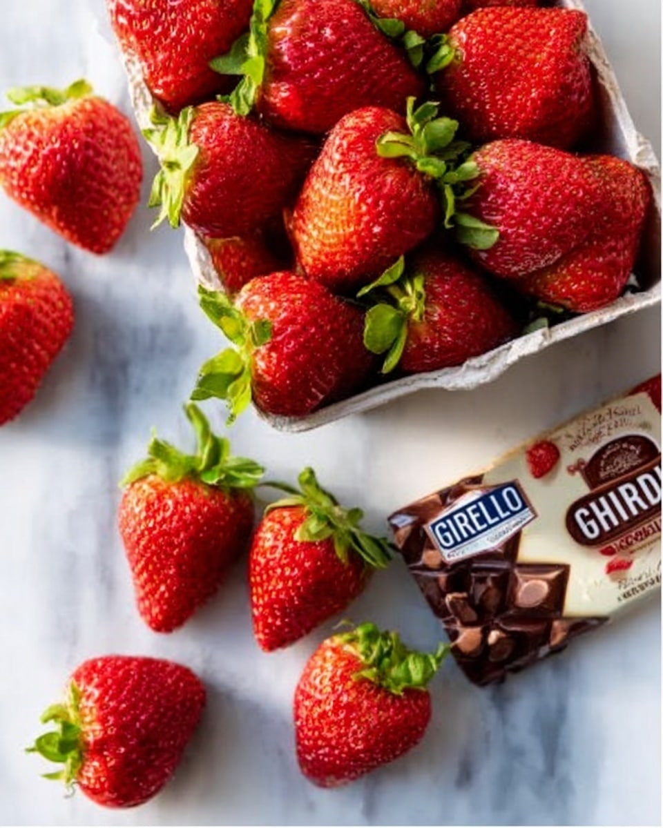 The image shows a close-up of fresh, bright red strawberries with green leafy tops, arranged closely together on a white marbled surface. In the second part of the image, the strawberries are placed around a white container filled with more strawberries, with an unwrapped Ghirardelli dark chocolate bar lying next to them on the same white marbled surface. The strawberries have a slightly shiny texture, showing their freshness, and the dark chocolate bar has visible white chocolate and dark pieces on the wrapper. The scene is well lit and bright. photo taken with an iphone --ar 4:5 --v 7