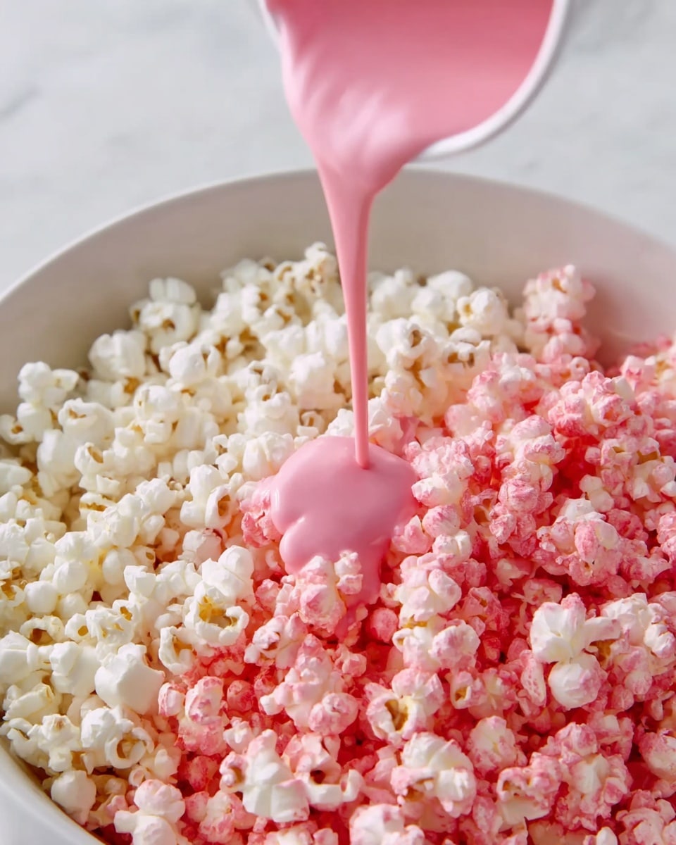 A close-up view of a white bowl filled with plain white popcorn on one side and pink-coated popcorn on the other side, with a stream of smooth, glossy pink sauce being poured over the center pink popcorn, showing a mixing of textures and colors between the white and pink popcorn pieces, all placed on a white marbled surface in a bright setting. photo taken with an iphone --ar 4:5 --v 7