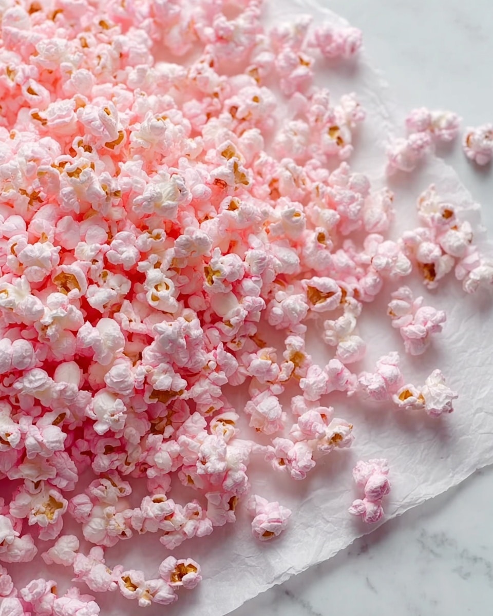 A large pile of pink popcorn is spread loosely across a white parchment paper, which lies on a white marbled surface. The popcorn pieces show a mix of soft pink and white fluffy textures with some brown popcorn kernels visible underneath. The popcorn looks light and airy, forming an uneven layer that extends from closer to the camera to the background. The overall scene is bright and clean, emphasizing the pink tones of the popcorn. photo taken with an iphone --ar 4:5 --v 7