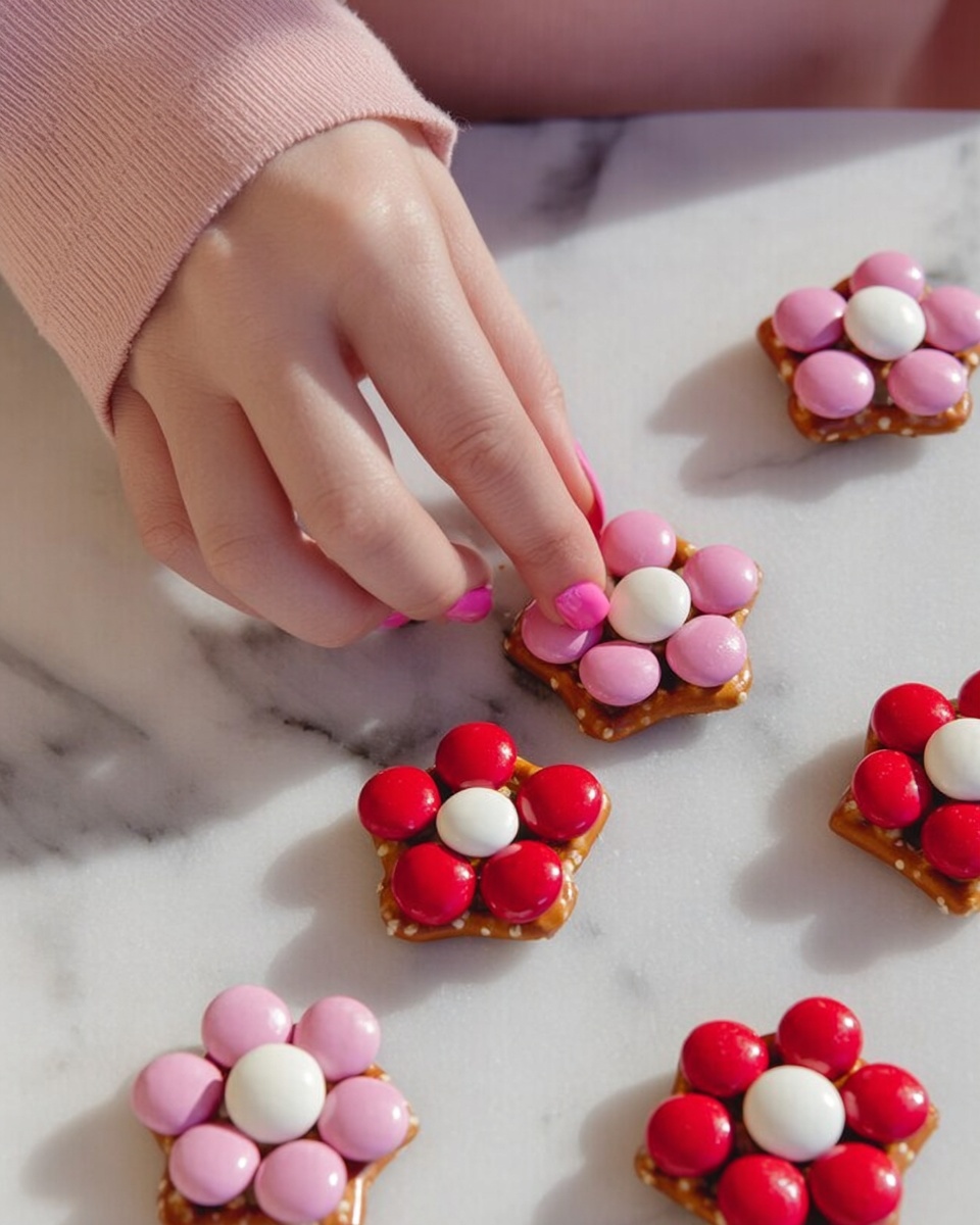 A close-up shows a woman's hand placing a flower-shaped snack on a white marbled surface. Each snack has one small square pretzel as the base with six round candies arranged in a circle on top, and one round candy in the center, forming a flower pattern. The candies are shiny and come in three color combinations: pink petals with a white center, red petals with a white center, and white petals with a pink center. The woman's hand has light skin and pink-painted nails, and she wears a light pink long sleeve. The scene is bright and clear. photo taken with an iphone --ar 4:5 --v 7