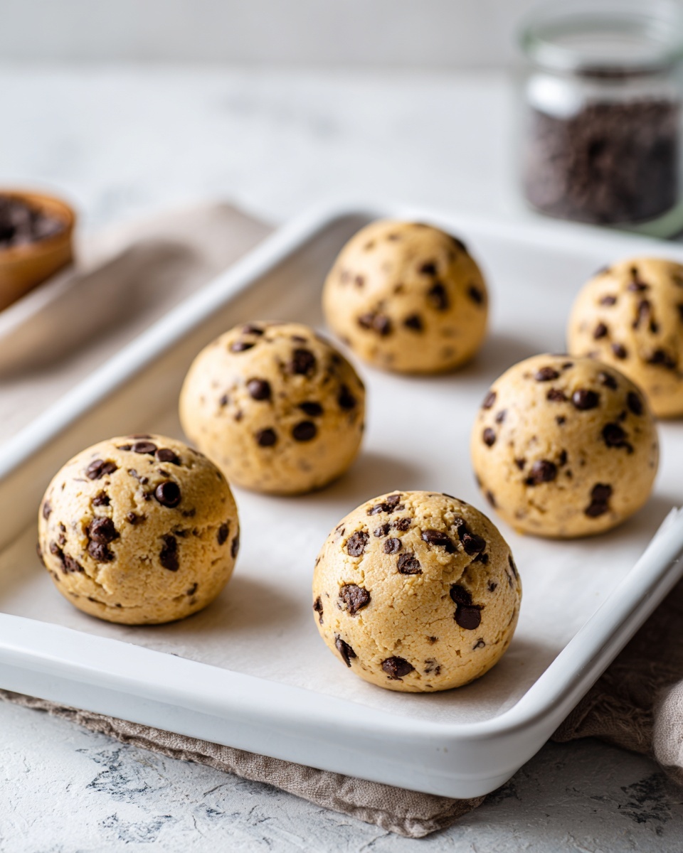 The image shows six round cookie dough balls with dark chocolate chips scattered inside. They are placed evenly on a white baking tray sitting on a white marbled surface. In the second picture, the same cookies are baked, with a golden-brown top and the chocolate chips visible, giving a textured, slightly rough surface. The cookies rest closely on the white baking tray, and the background is softly blurred, showing a small jar with more chocolate chips. The light is soft and natural, highlighting the warm color of the baked cookies. photo taken with an iphone --ar 4:5 --v 7