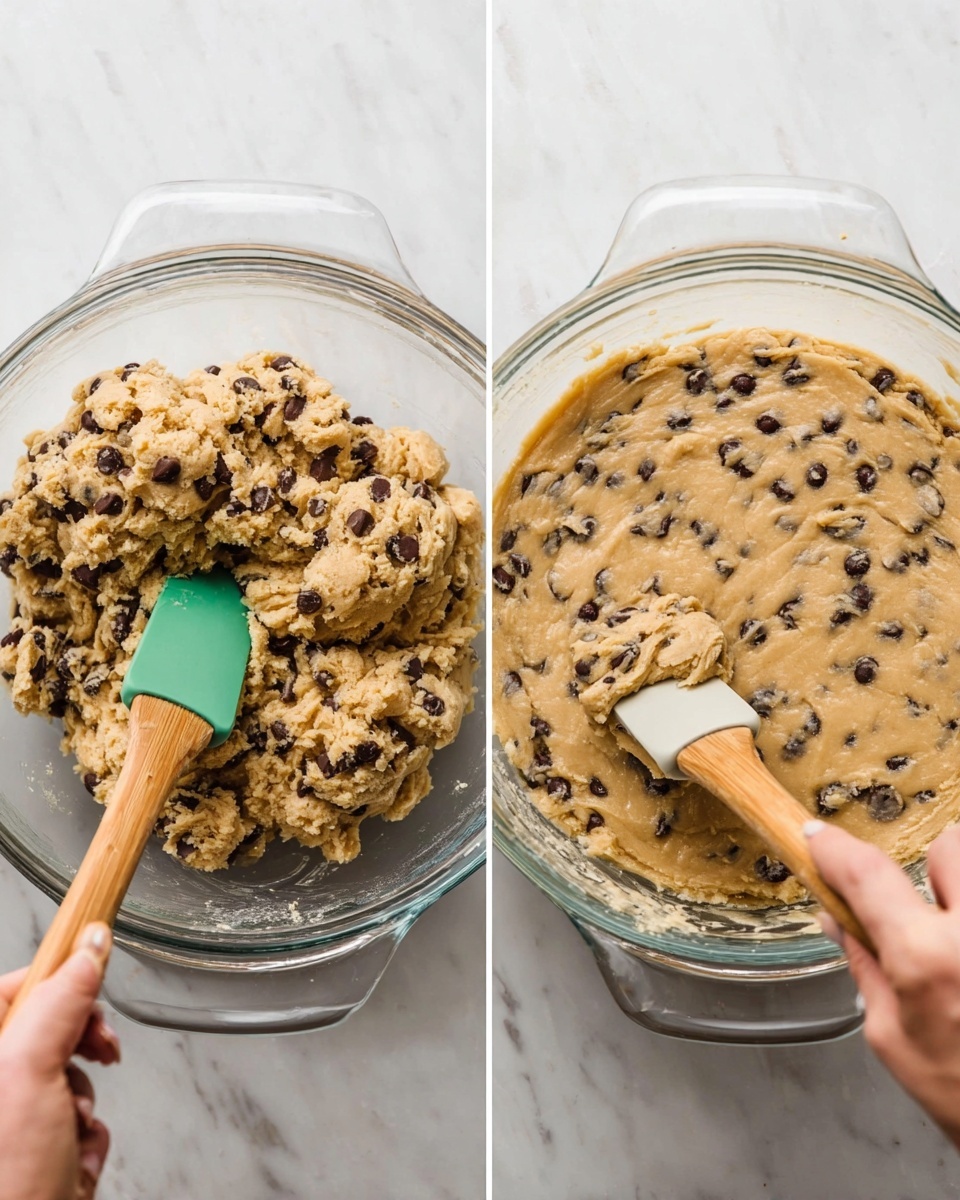 The image shows two stages of preparing chocolate chip cookie dough in a clear glass bowl on a white marbled surface. On the left, thick, light brown cookie dough with dark chocolate chips is being held and mixed by a wooden spatula with a green silicone top. On the right, a woman's hand is using the same spatula to spread the dough evenly inside the bowl, creating a smooth, flat top layer with chocolate chips visible throughout. The dough’s texture looks dense and soft, and the bowl is round with handles on the sides. Photo taken with an iphone --ar 4:5 --v 7