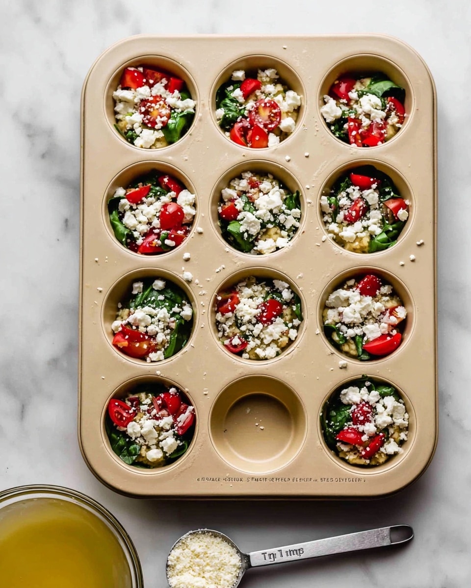 The image shows a beige muffin tin with 12 cups, each filled with fresh ingredients in layers ready to bake. The first visible layer inside each cup is bright green spinach leaves, topped with chunks of red cherry tomatoes, and finally sprinkled with crumbled white feta cheese. The muffin tin is placed on a white marbled surface. Below the tin, there is a silver measuring spoon labeled