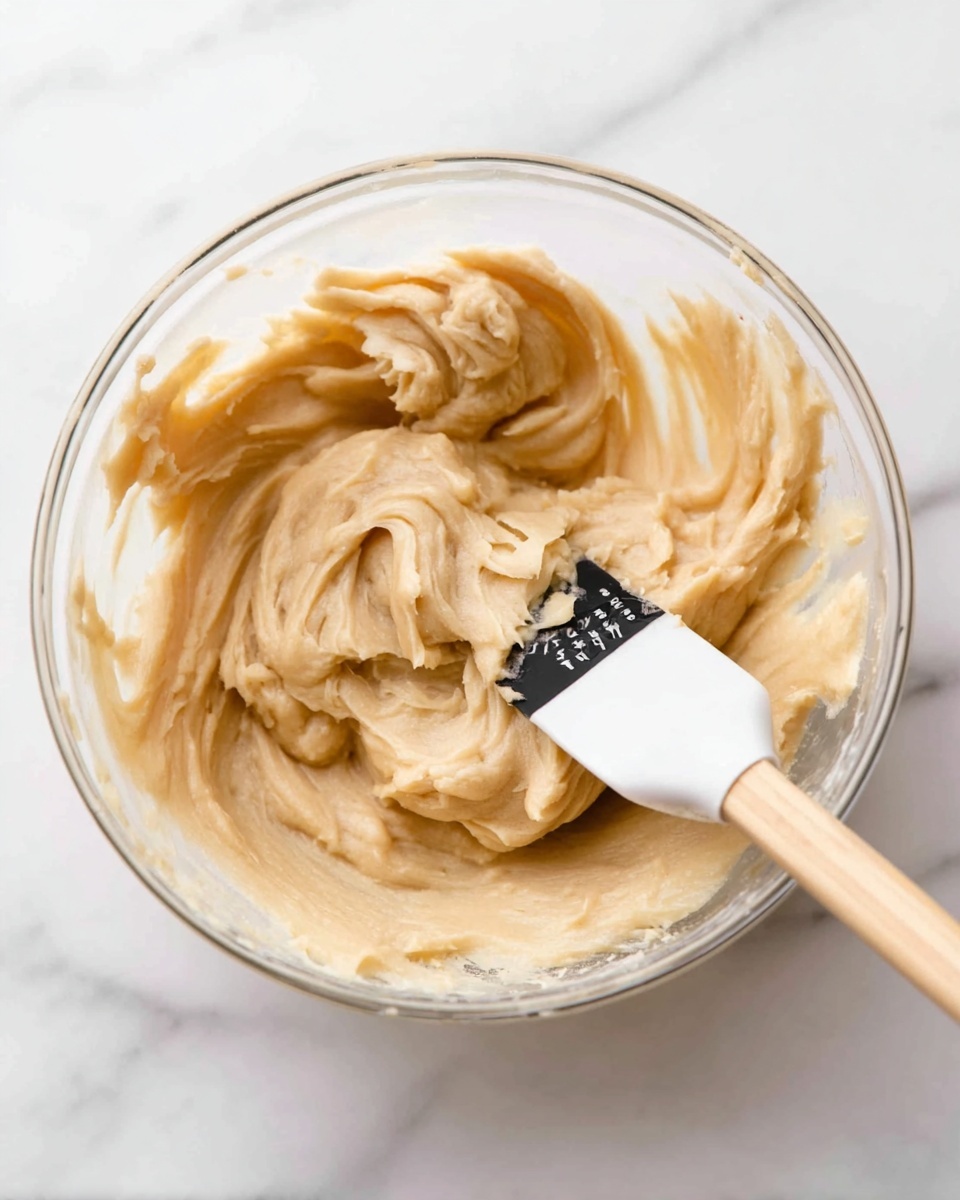A clear glass bowl filled with a creamy beige dough that is being mixed with a white spatula with a wooden handle. The dough looks smooth and soft, with folds and swirls made by stirring. The bowl is placed on a white marbled surface. photo taken with an iphone --ar 4:5 --v 7