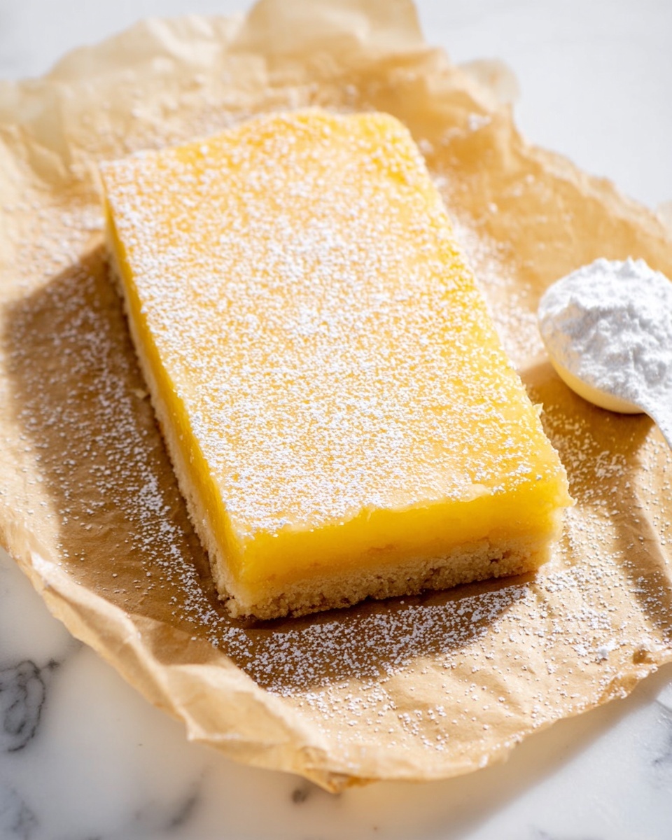 A rectangular dessert bar with two visible layers sits on crinkled parchment paper over a white marbled surface. The top layer is a smooth, bright yellow lemon filling dusted lightly with white powdered sugar, creating a soft speckled effect. The bottom layer is a thin, light brown crust that peeks out slightly beneath the lemon layer, providing a subtle contrast in texture and color. A white measuring spoon filled with powdered sugar rests near the top right corner of the parchment paper. The scene is brightly lit with natural light, showing slight shadows under the dessert. photo taken with an iphone --ar 4:5 --v 7