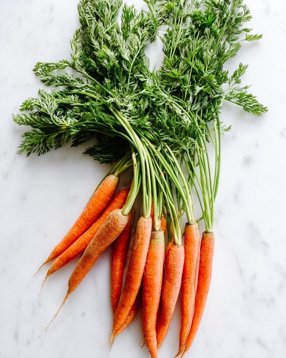 A bunch of fresh carrots with green leafy tops is laid out on a white marbled surface. The carrots are medium to long in size, with a bright orange color and slightly rough texture. Their leafy green tops spread out on one side, showing layers of feathery leaves in different shades of green. The carrots slightly overlap each other, creating a natural arrangement that fans out. The whole scene looks fresh and simple, focusing on the natural colors and shapes of the carrots. photo taken with an iphone --ar 4:5 --v 7