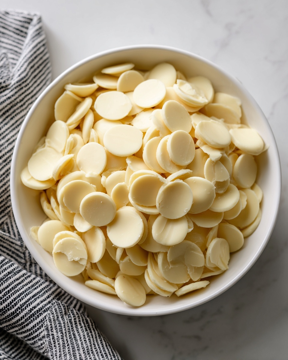 A white bowl filled with many broken pieces of light yellow white chocolate disks, each piece showing a smooth, slightly curved texture. The bowl is set on a white marbled surface with part of a black and white cloth visible on the left side, providing contrast. The broken chocolate pieces are piled up inside the bowl without any other elements around. photo taken with an iphone --ar 4:5 --v 7