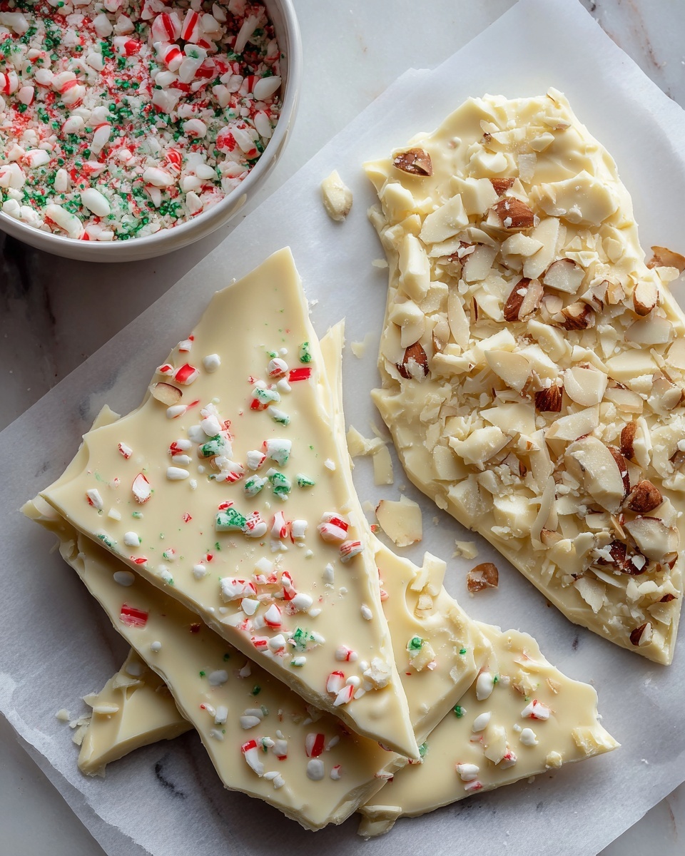 The image shows three large, flat clusters of white chocolate bark on parchment paper placed on a white marbled surface. Two clusters on the left are smooth white chocolate with crushed red, green, and white peppermint candy sprinkled evenly on top, creating a festive look with tiny colorful bits. The cluster on the right is thicker, with melted white chocolate covered by a rough layer of chopped whole and broken almonds scattered unevenly, adding a crunchy texture. The bark has irregular shapes and rough edges, and the whole scene looks like a work-in-progress sweet treat making setup. Photo taken with an iphone --ar 4:5 --v 7