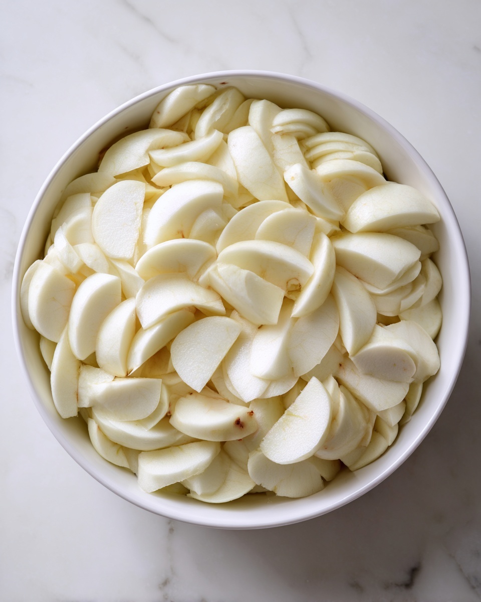 A white bowl filled with many peeled and sliced apple pieces with pale cream color, each slice having smooth, slightly curved edges, filling the bowl fully and neatly. The bowl sits on a white marbled surface showing subtle gray veins. photo taken with an iphone --ar 4:5 --v 7