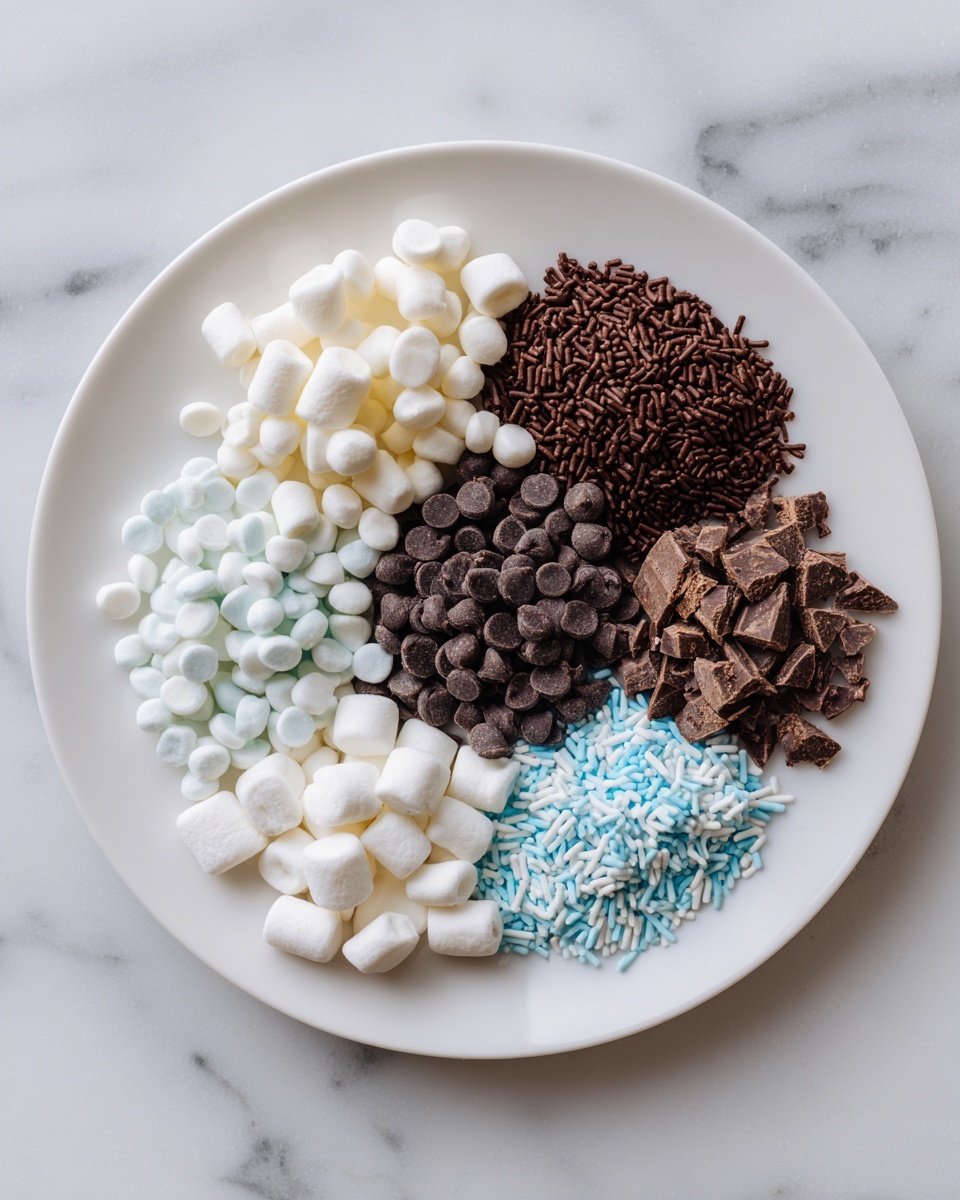 A white round plate holds six small piles of different toppings arranged in a loose circle. At the bottom center are tiny dark brown chocolate chips with a matte texture. To their right, small chopped pieces of chocolate with a rough, uneven shape and lighter brown tones sit. Above these are dark brown, smooth chocolate sprinkles in a dense pile. To the left of the sprinkles, a bunch of small white round candy pieces is clustered. Below them and slightly left are fluffy white mini marshmallows with a soft texture. Finally, in the center are mixed light blue and white cylindrical sprinkles, some shiny and some matte. The plate rests on a white marbled surface. photo taken with an iphone --ar 4:5 --v 7