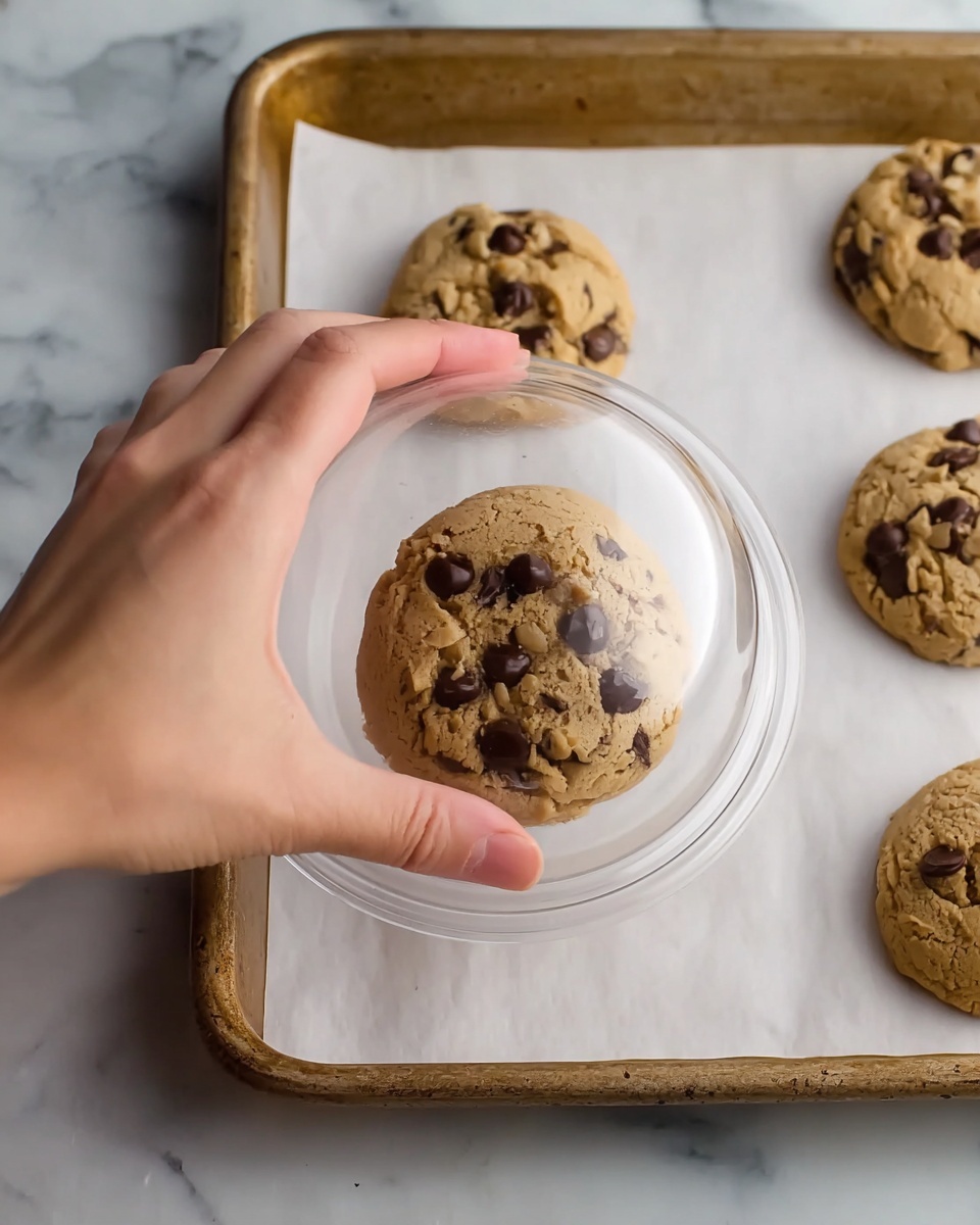 A woman's hand is placing a clear, round plastic lid over a single chocolate chip cookie on a white parchment-lined baking tray. The cookie is light brown with uneven, slightly cracked surface showing soft texture and plenty of dark brown chocolate chips scattered on top. Around the cookie under the lid, there are three more similar cookies, slightly rough in texture, evenly spaced on the tray. The background is a white marbled texture. photo taken with an iphone --ar 4:5 --v 7