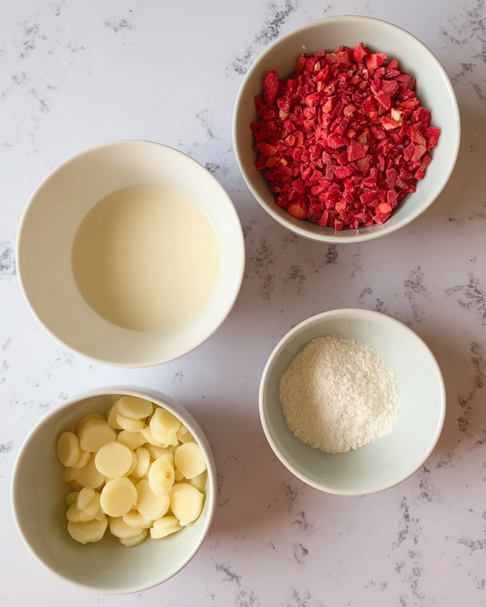 The image shows four small white bowls with different ingredients placed on a white marbled surface. The top right bowl contains bright red crushed pieces with a rough texture, while the top left bowl is filled with smooth, light cream-colored liquid. The bottom right bowl holds round, pale yellow chips with a slightly shiny surface, and the bottom left bowl contains white powder with a fine texture. The bowls are arranged in a loose square shape, and the background is a clean white marble pattern. Photo taken with an iphone --ar 4:5 --v 7
