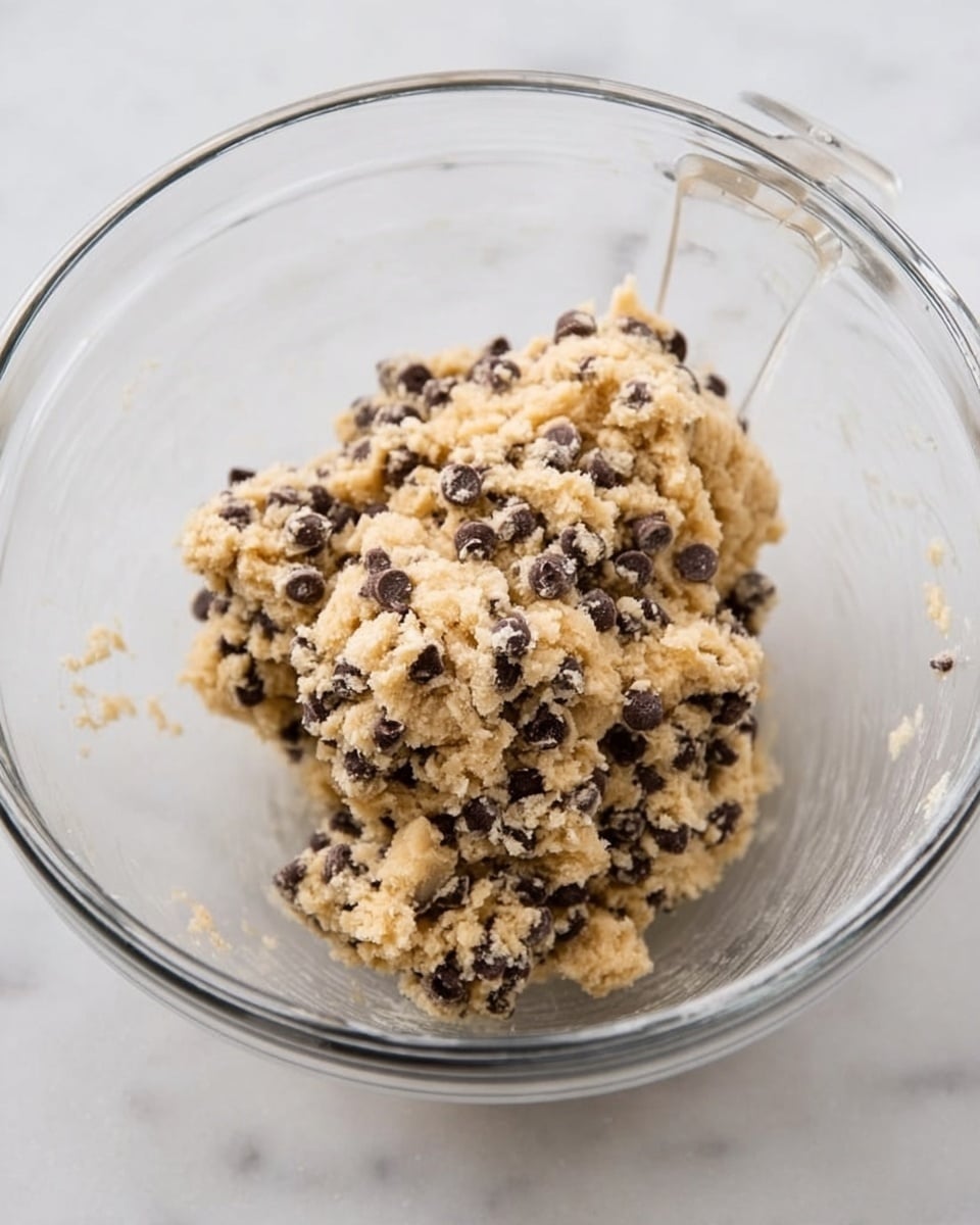 A clear glass mixing bowl sits on a white marbled surface, filled with a light tan cookie dough that has many small dark brown chocolate chips mixed evenly throughout. The dough is gathered in a rough mound in the center of the bowl, showing a thick, slightly crumbly texture. The bowl is transparent with a small pouring spout visible in the foreground. photo taken with an iphone --ar 4:5 --v 7