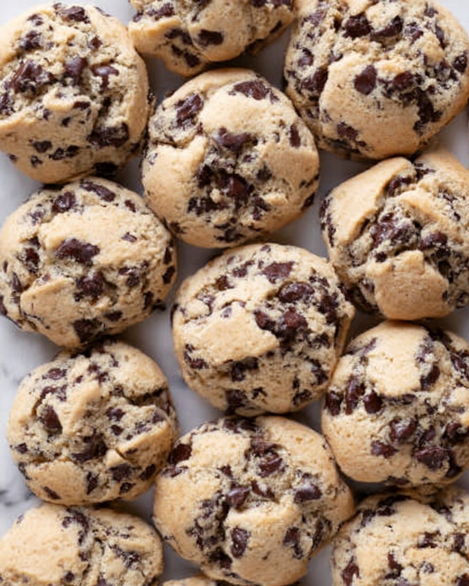The image shows a group of round cookies tightly placed on a white marbled surface. Each cookie has a bumpy, uneven texture with a light golden-brown color on top and dark chocolate chip pieces scattered all over. The cookies look soft and thick with a slight shine where the chocolate pieces melt into the dough, creating mixed shades of cream and brown. The cookies fill the frame with no gaps between them, highlighting their chunky and rich texture. Photo taken with an iphone --ar 4:5 --v 7