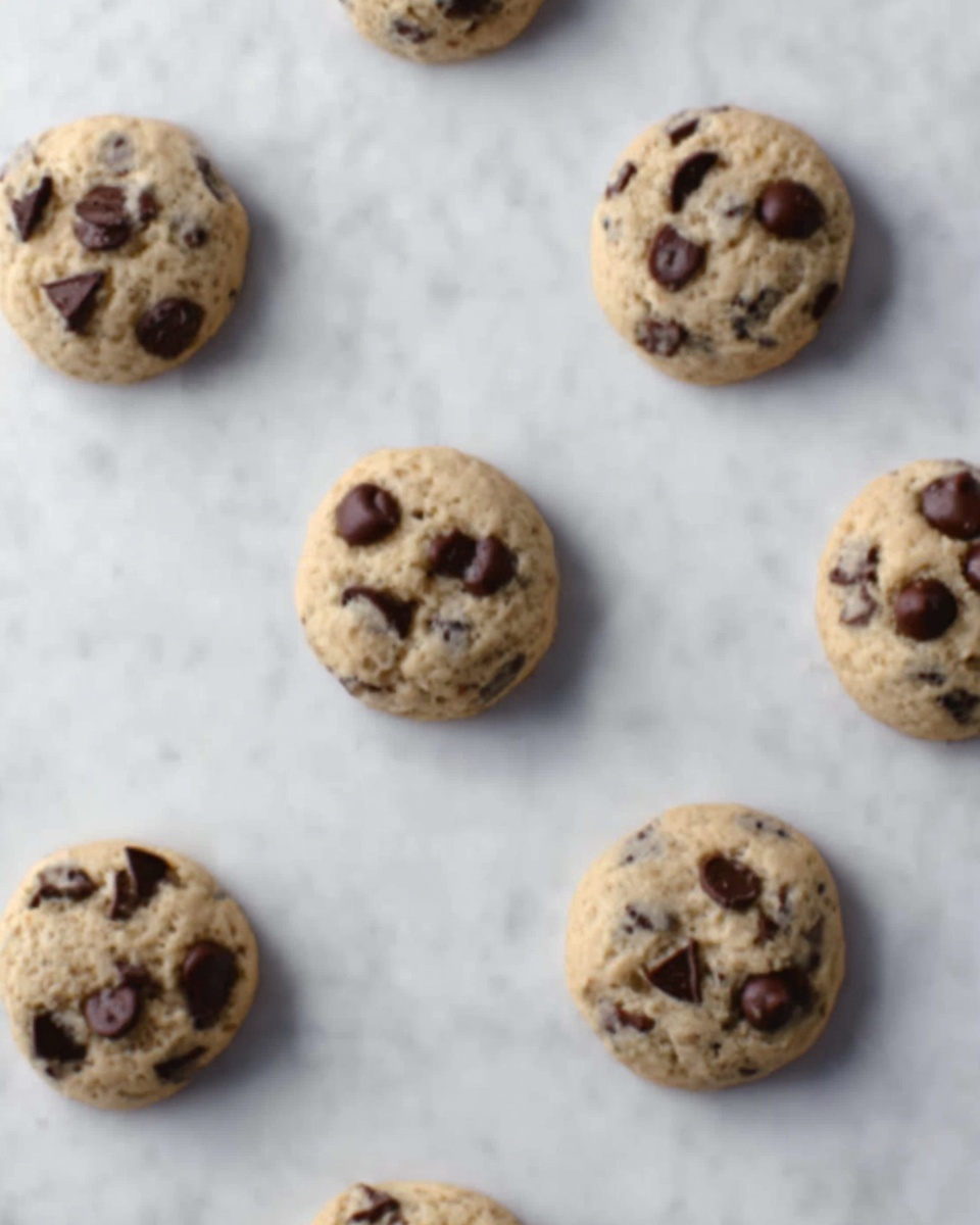 The image shows seven small round cookies with chocolate chips on a white marbled surface. Each cookie has a light brown, slightly rough texture with small dark brown and milk chocolate pieces scattered on top, adding contrast and depth. The cookies are placed randomly but spaced evenly across the surface, displaying a soft, homemade look. photo taken with an iphone --ar 4:5 --v 7