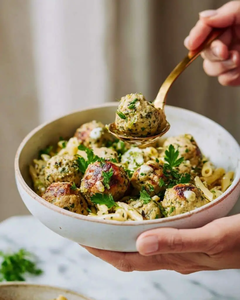 Sundried Tomato Chicken Meatballs with Herbed Lemon Orzo Recipe