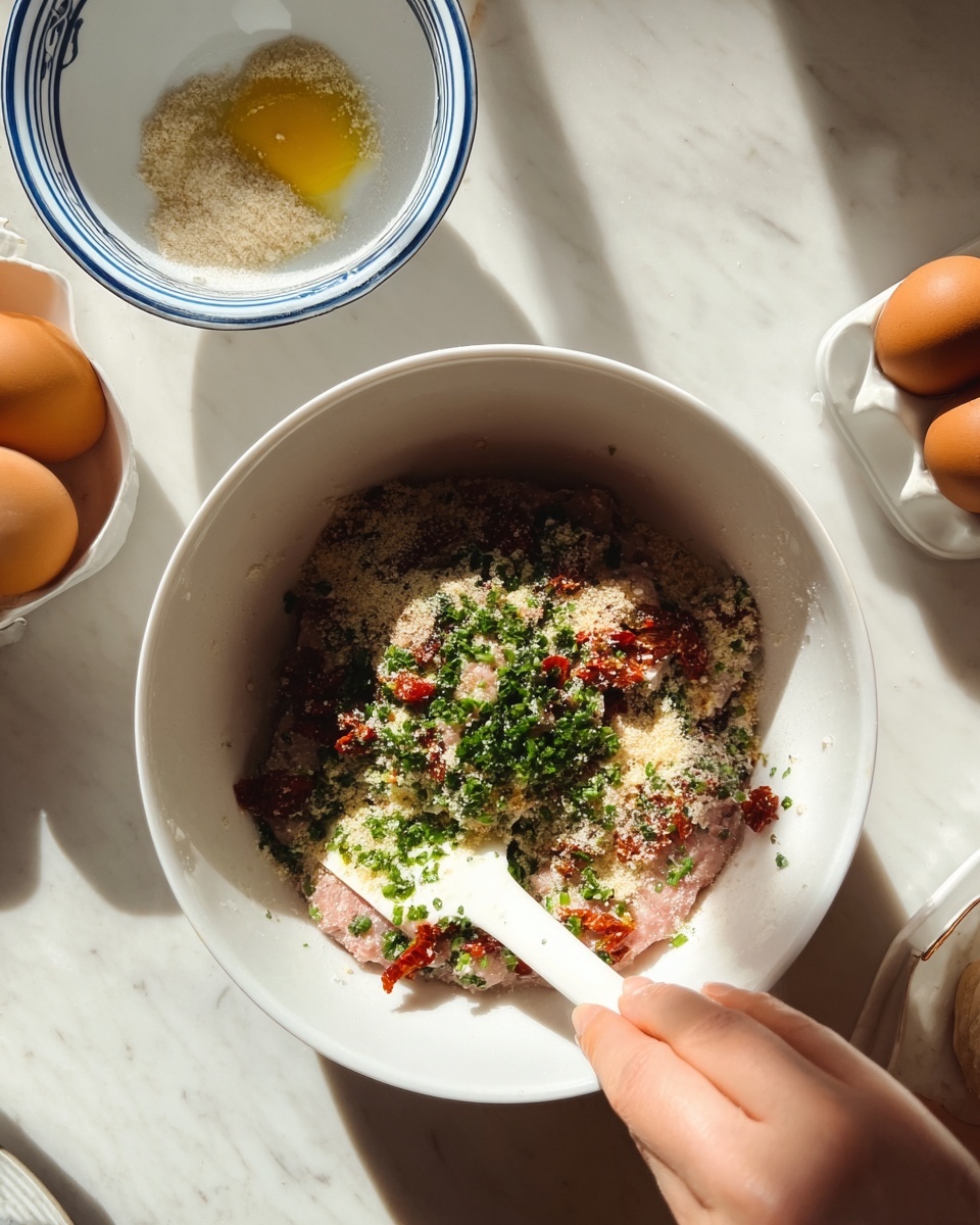 A white bowl sits on a white marbled surface filled with layers of light pink raw meat, topped with finely chopped green herbs, small pieces of red sun-dried tomatoes, and a sprinkling of beige breadcrumbs. A woman's hand holds a white spatula, gently mixing the ingredients inside the bowl. Nearby, a white bowl with blue rim holds minced garlic, and a white egg holder contains brown eggs. Bright sunlight casts soft shadows over the scene, highlighting the textures and colors. Photo taken with an iphone --ar 4:5 --v 7