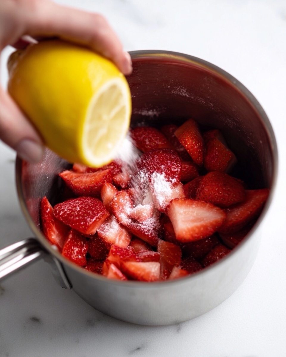 The image shows a silver pot filled with bright red sliced strawberries covered with white sugar. A woman's hand is squeezing a yellow lemon half over the strawberries, adding a fresh juice layer on top. The silver pot sits on a white marbled surface, and the close-up view focuses on the textures of the juicy strawberries and the rough lemon skin. photo taken with an iphone --ar 4:5 --v 7
