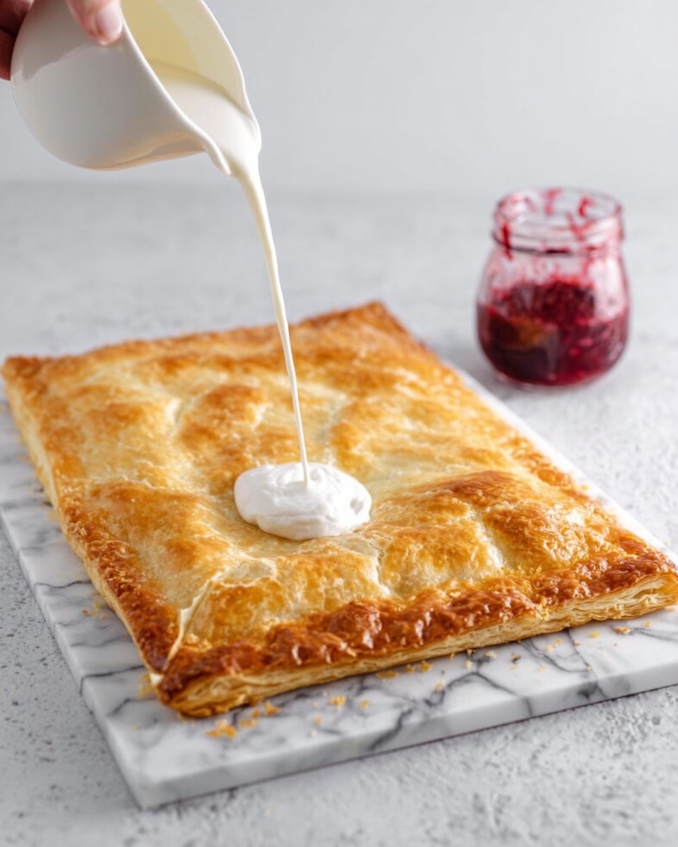 The image shows a large rectangular pastry with a golden brown, crispy crust on a white marbled surface. The pastry has visible fork marks along the edges and a few random cracks on the surface. A woman's hand is pouring thick white cream or sauce carefully onto the center of the pastry from a white pitcher. In the background, a small clear jar filled with red jam or sauce is partially visible. The overall look is clean and bright with soft natural lighting. photo taken with an iphone --ar 4:5 --v 7