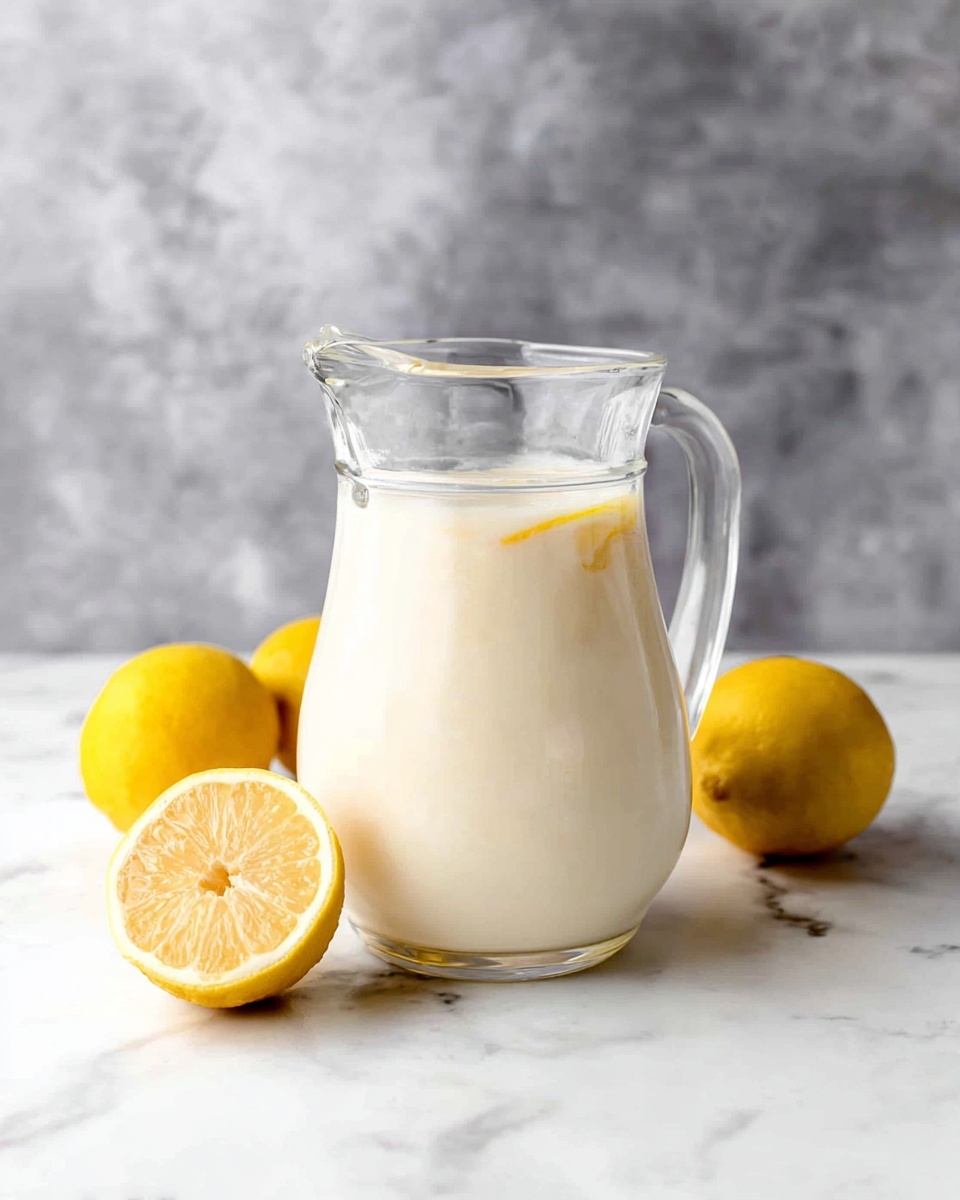 A clear glass pitcher filled with a creamy white beverage, almost reaching the top, with a slight yellow swirl visible near the surface, sitting on a white marbled texture. To the left of the pitcher, there are three bright yellow lemons, one of which is cut in half showing its juicy inside. The background has a soft gray, blurred texture. Photo taken with an iphone --ar 4:5 --v 7