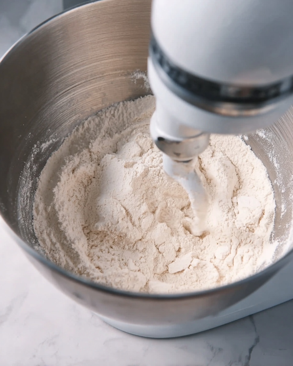 A close-up image shows a metal mixing bowl filled with white flour, sitting on a white marbled surface. A stand mixer with a white paddle attachment is partially visible at the top right side, mixing the flour inside the bowl. The flour is dry and has some uneven lumps and swirls from the mixing process. The mixing bowl's smooth metal surface reflects light softly, and the background is softly blurred. photo taken with an iphone --ar 4:5 --v 7