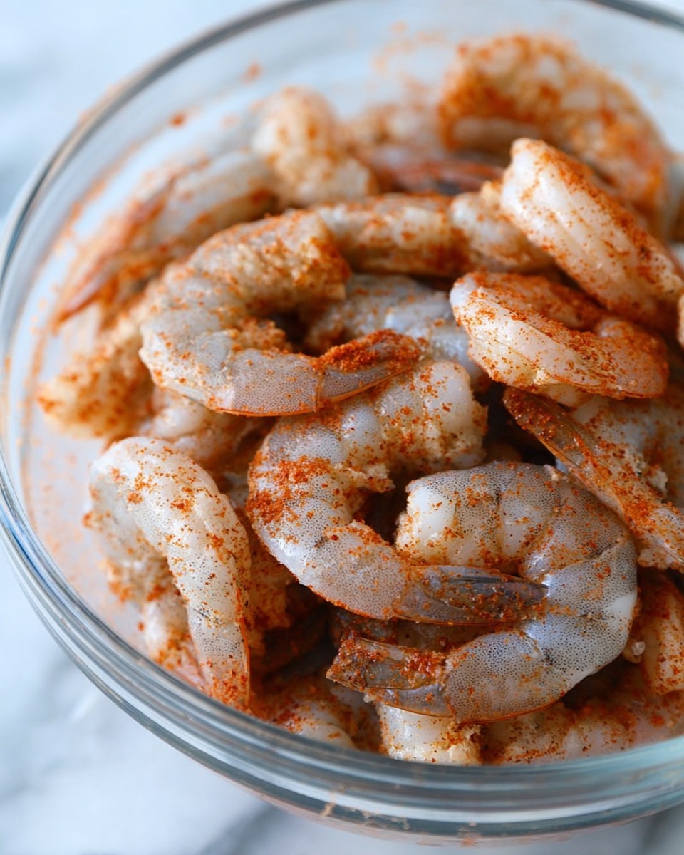 A clear glass bowl filled with raw shrimp coated in a light red spice mix, showing the grayish-blue and white colors of the shrimp with the reddish spice dusted unevenly over them. The shrimp appear curled and layered inside the bowl, with some shrimp overlapping others. The background is a white marbled texture, and the scene is shot closely to show the shrimp in detail. photo taken with an iphone --ar 4:5 --v 7