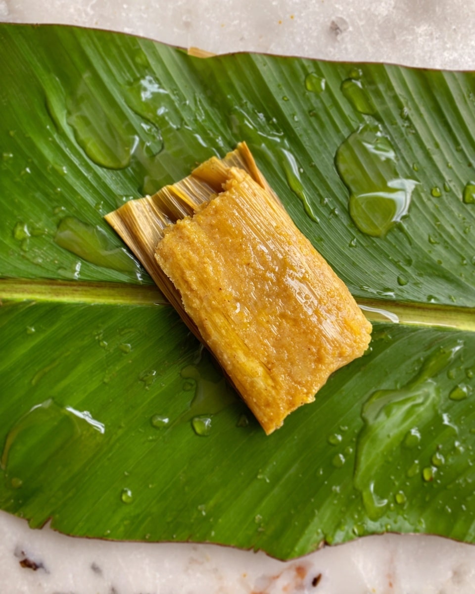 A single rectangular piece of yellowish-brown tamale with a slightly rough texture sits in the center of a large green banana leaf. The banana leaf has glossy, wet patches around the tamale, showing a fresh and moist surface. The leaf rests flat on a white marbled textured surface. photo taken with an iphone --ar 4:5 --v 7