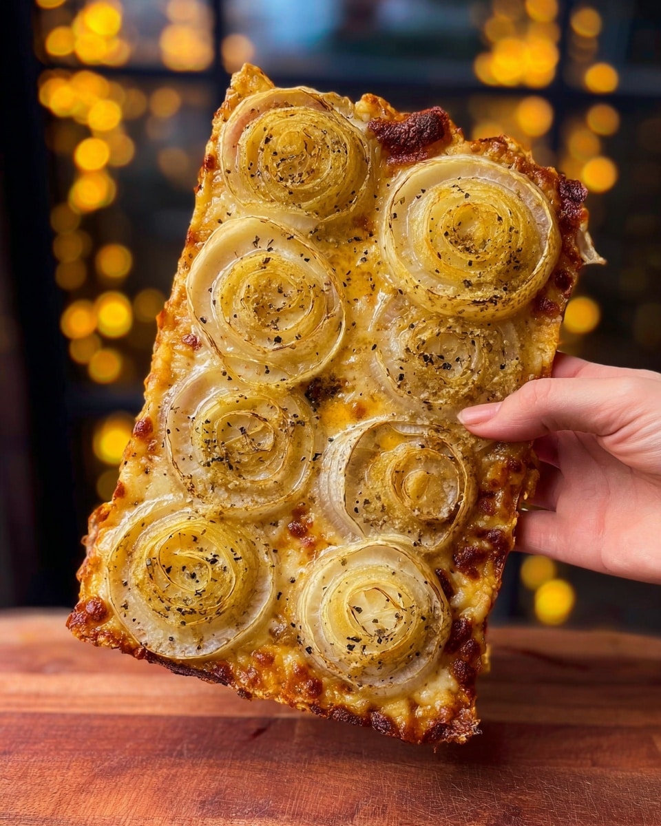 A tall, rectangular slice of crispy, thin pizza crust is being held by a woman's hand at the top right corner. The pizza has a golden-brown base covered with melted cheese, topped with evenly spaced, large, thin onion rings that are light yellow with slightly browned edges. The onions have a soft, translucent look with a few black pepper specks scattered on top, adding texture and color contrast. The background shows warm glowing lights with a dark window frame, and the pizza slice rests above a brown wooden surface. photo taken with an iphone --ar 4:5 --v 7