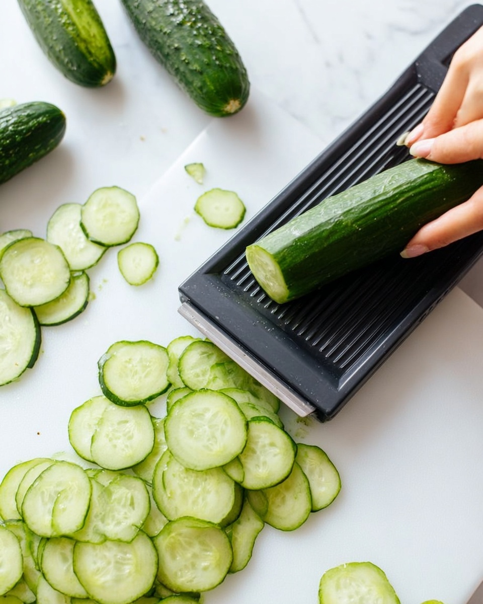 A woman's hand is holding a green cucumber vertically, slicing thin round pieces using a black mandoline slicer with a sharp silver blade. The white marbled surface beneath shows a neat pile of fresh cucumber slices with bright green edges and translucent centers. Whole cucumbers are placed around the slicer, adding to the fresh feel of the scene. The shot is clean, bright, and focused on the slicing action. photo taken with an iphone --ar 4:5 --v 7