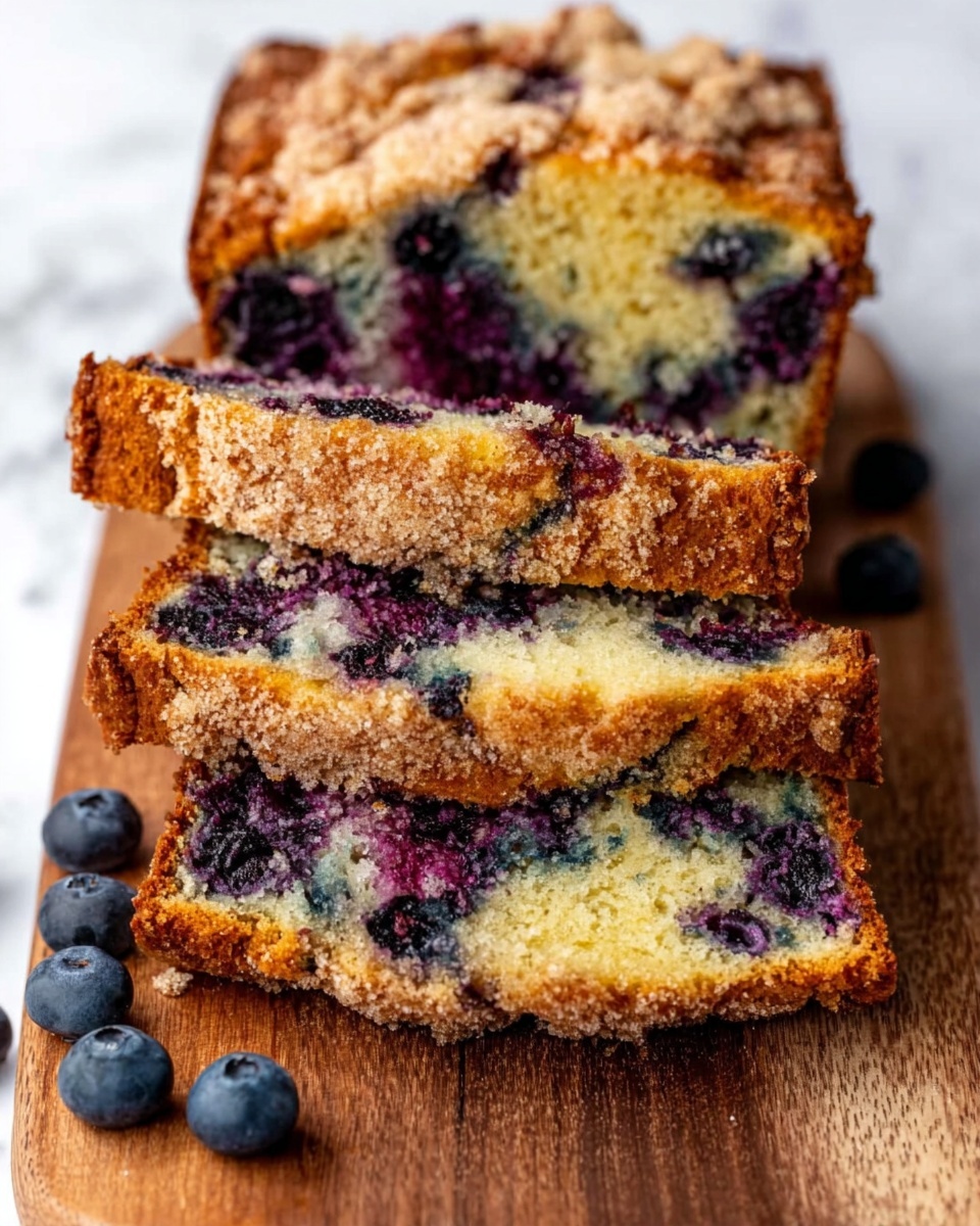 The image shows three slices of blueberry bread stacked slightly overlapping on a wooden board. The bread has a golden brown crust with a crumbly texture on top. Inside, the bread is moist and light yellow with dark blue and purple blueberries spread evenly throughout. Some blueberries burst and stain parts of the bread blue. A few fresh blueberries are scattered around the wooden board beside the slices. The background is a white marbled texture. Photo taken with an iphone --ar 4:5 --v 7