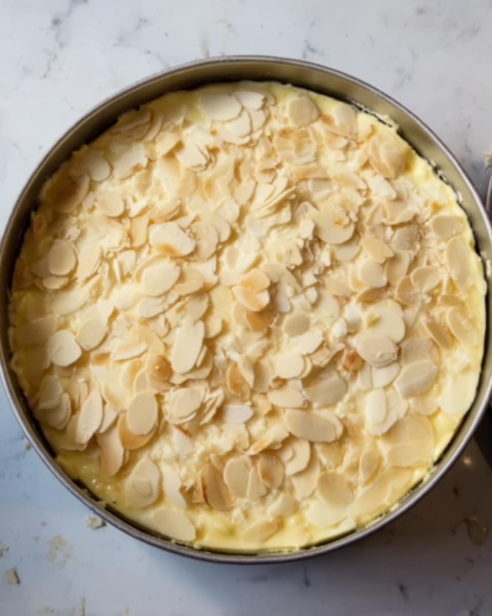 A round cake with two layers is shown from the top. The bottom layer is creamy yellow, covered by a thick layer of cream that is a lighter yellow. The entire top is sprinkled with many thin, pale almond slices spread evenly. The cake is inside a round metal frame and sits on a white marbled surface. The edges of the cake appear soft and smooth. Photo taken with an iphone --ar 4:5 --v 7