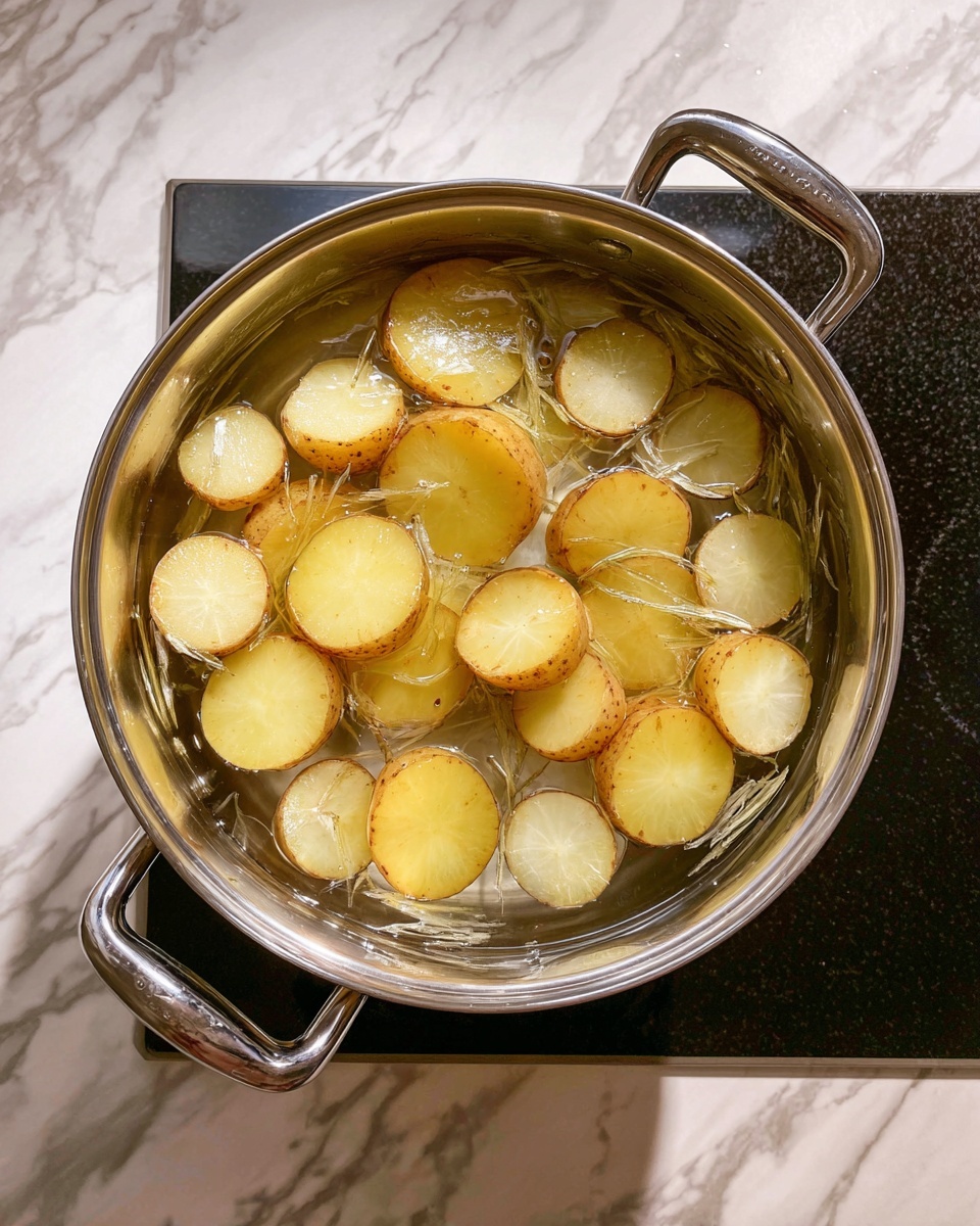 A silver pot filled with clear water and potato slices boiling inside it, the potatoes are brown on the skin and white inside, arranged floating and submerged in the water, the pot is placed on a black stove with metallic handles on both sides, and the background is a white marbled surface photo taken with an iphone --ar 4:5 --v 7
