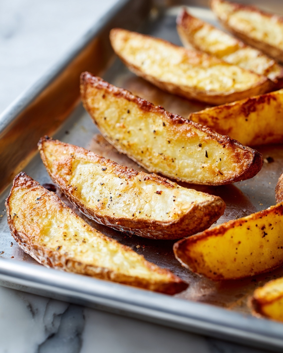 A close-up view of several uneven potato wedges with a crispy, golden-brown outer layer and light yellow inside, arranged slightly spaced on a shiny silver metal baking tray. The wedges have visible seasoning specks and textures that show roasting marks, with some wedges standing upright while others lie flat on the tray, which rests on a white marbled surface. photo taken with an iphone --ar 4:5 --v 7
