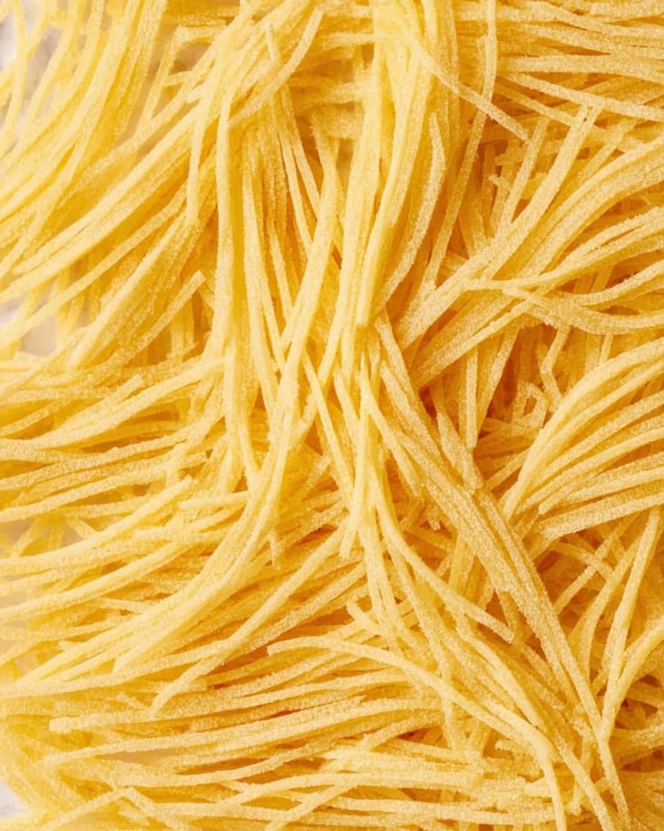 The image shows a close-up view of thin, yellow pasta noodles spread out evenly, creating a textured surface with lots of small, curved strands overlapping each other. The noodles have a dry, smooth appearance with a slightly shiny finish. The background is a white marbled surface, which contrasts gently with the light yellow color of the pasta. Photo taken with an iphone --ar 4:5 --v 7