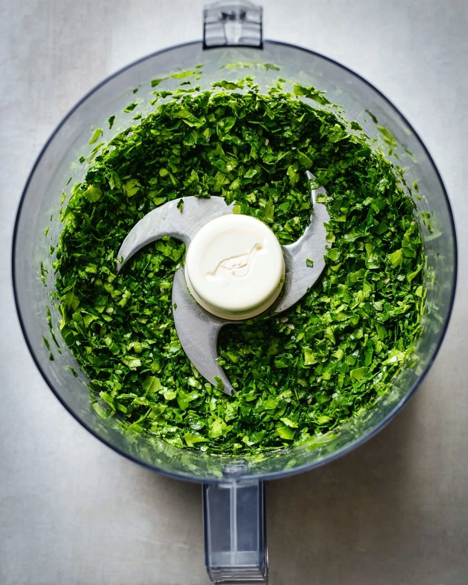 The image shows a close-up top view of a transparent food processor bowl filled with finely chopped bright green leafy herbs evenly spread inside, with a white blade at the center. The food processor is placed on a white marbled surface. Photo taken with an iphone --ar 4:5 --v 7