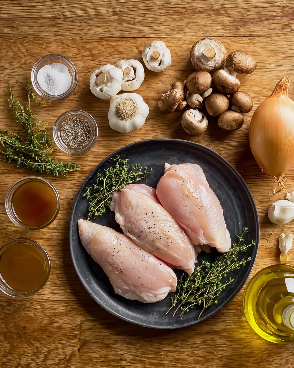 The image shows three pieces of raw chicken on a dark plate placed on a wooden table. Around the plate, there are several ingredients arranged neatly: fresh thyme sprigs and a small bowl with salt and pepper on the left, three garlic cloves nearby, a small pile of brown mushrooms above the chicken, a whole onion to the upper right, a small glass with a creamy liquid, a bottle of olive oil angled in the bottom right, and two small glass bowls with brown and golden liquids on the upper left side. The background is a white marbled surface photo taken with an iphone --ar 4:5 --v 7