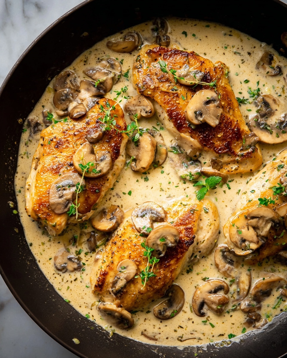 A close-up view of four golden brown chicken pieces arranged in a black skillet, each piece topped with light brown sliced mushrooms and small bright green herb leaves. The chicken is nestled in a creamy pale beige sauce with visible pepper and small mushroom pieces scattered throughout. The sauce has a smooth, thick texture and fills the skillet around the chicken evenly. The image is set on a white marbled surface. Photo taken with an iphone --ar 4:5 --v 7