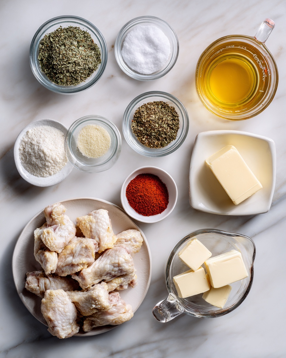 Top-down professional food photography, flat lay style, bright white marble countertop, neatly arranged, evenly spaced, tidy, clean organized layout, include: small bowl of salt, small bowl of dried parsley, small bowl of garlic powder, small bowl of ground black pepper, small bowl of onion powder, small bowl of paprika, glass measuring cup of low-sodium chicken broth, small plate of salted butter, plate with prepared chicken pieces, bright soft natural lighting, sharp focus, high detail textures, realistic reflections, professional DSLR look, 4K, no finished dish, no cooked food, no hands, no text, no watermark, no brand logos --ar 4:5 --v 7