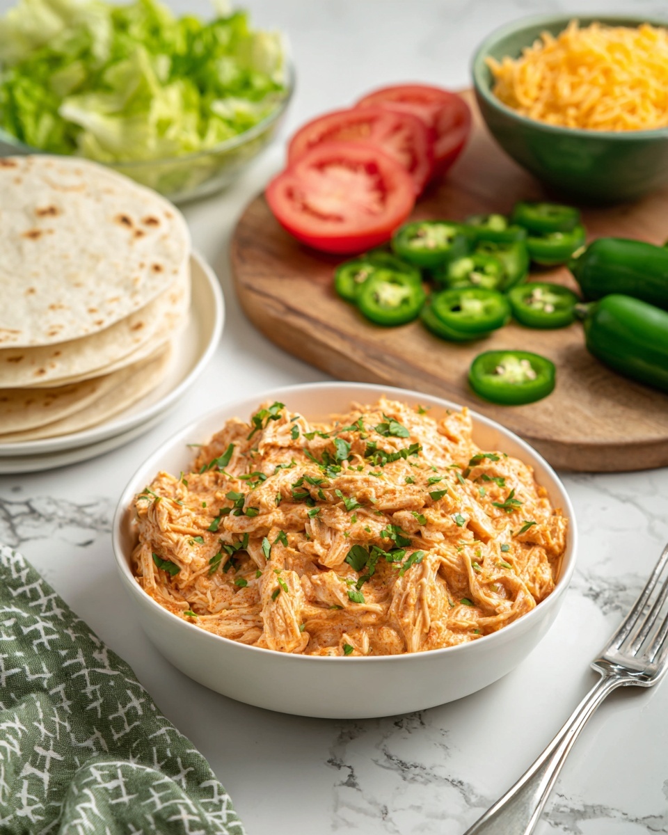 The image shows a white bowl filled with shredded chicken mixed with a creamy orange sauce, garnished with small green herbs on top. Next to the bowl, there are three stacked white tortillas on the left and a silver fork on the right. Around the bowl, there is fresh chopped green lettuce, sliced green jalapeño peppers, diced tomatoes, and whole jalapeños arranged on a wooden board. In the background, a small green bowl holds shredded yellow cheese. The scene is set on a white marbled surface. Photo taken with an iphone --ar 4:5 --v 7