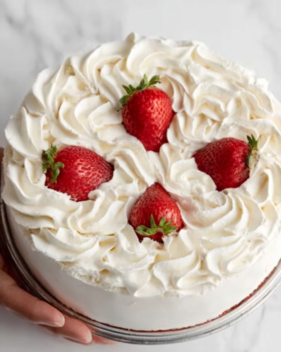 A round white cake with three bright red strawberries placed in the middle on top. Around the strawberries, there is a thick layer of white whipped cream swirling in neat, soft peaks that cover the entire top surface of the cake. The cake sits on a white marbled textured surface, and a woman's hand is gently holding the edge of the cake. Photo taken with an iphone --ar 4:5 --v 7